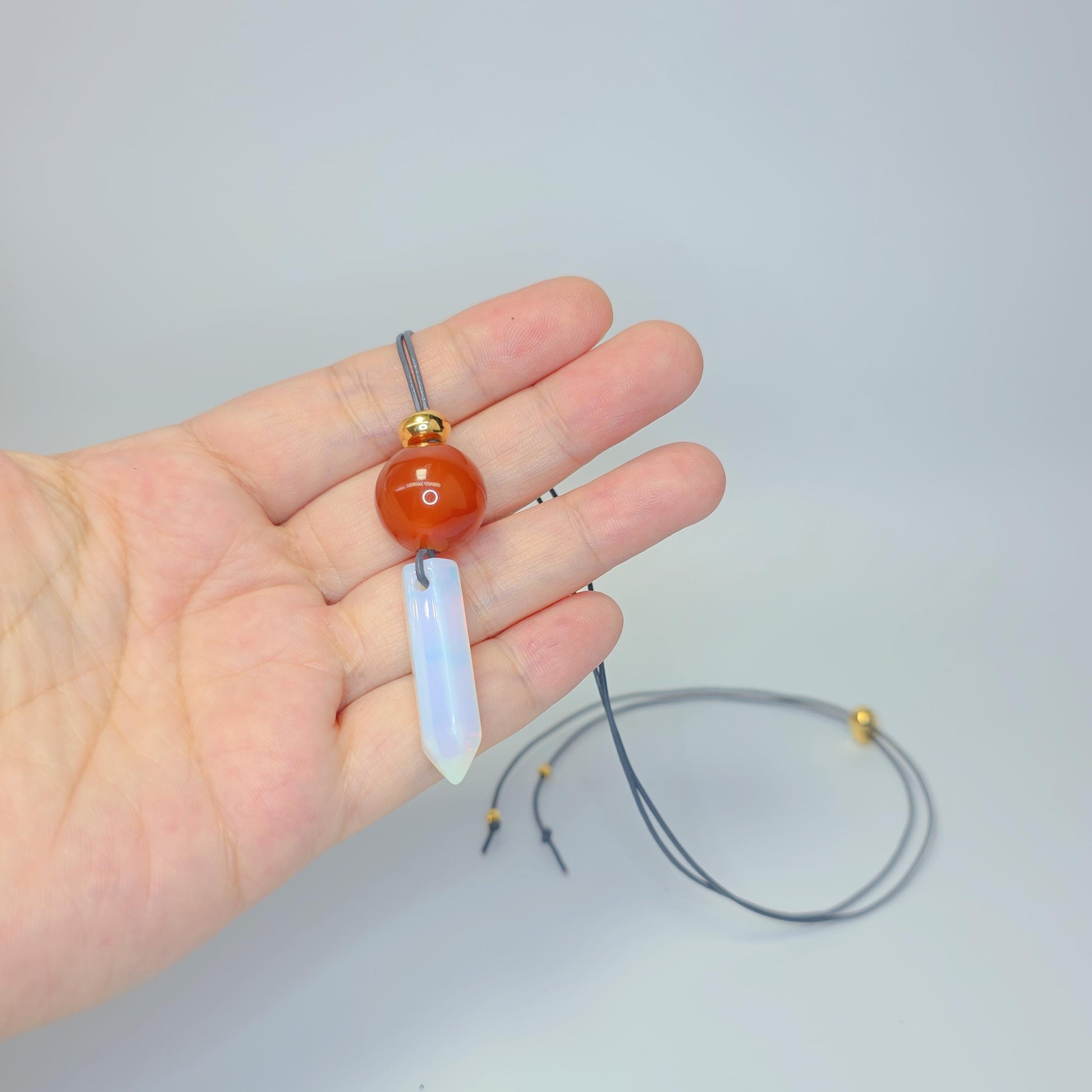 Opalite Crystal Point Pendant Necklace, Chunky Geometric Red Carnelian Healing Stone Jewelry, Adjustable Leather Cord