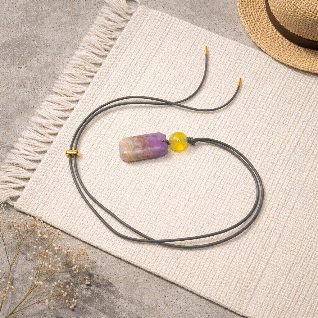 Chevron Amethyst Crystal Pendant Necklace, Chunky Geometric Citrine Healing Stone Jewelry, Adjustable Leather Cord