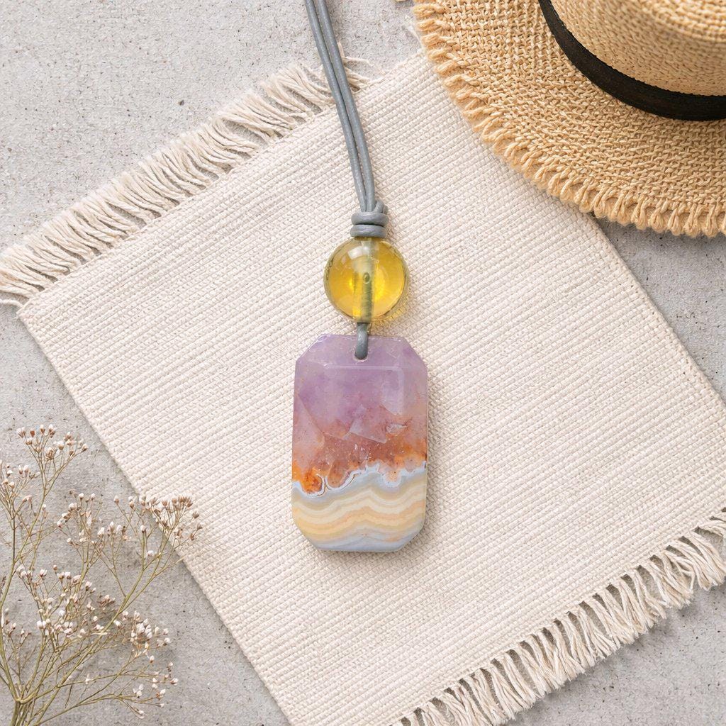 Chevron Amethyst Crystal Pendant Necklace, Chunky Geometric Citrine Healing Stone Jewelry, Adjustable Leather Cord