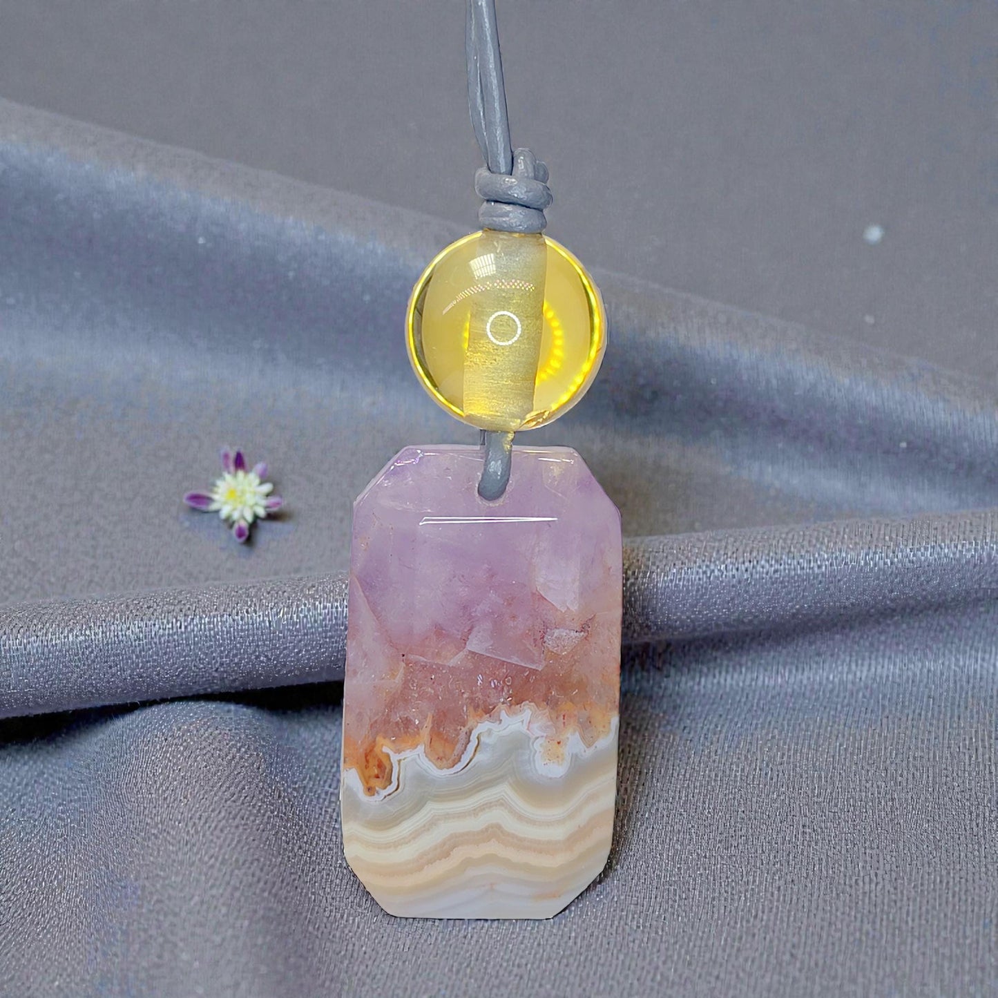 Chevron Amethyst Crystal Pendant Necklace, Chunky Geometric Citrine Healing Stone Jewelry, Adjustable Leather Cord