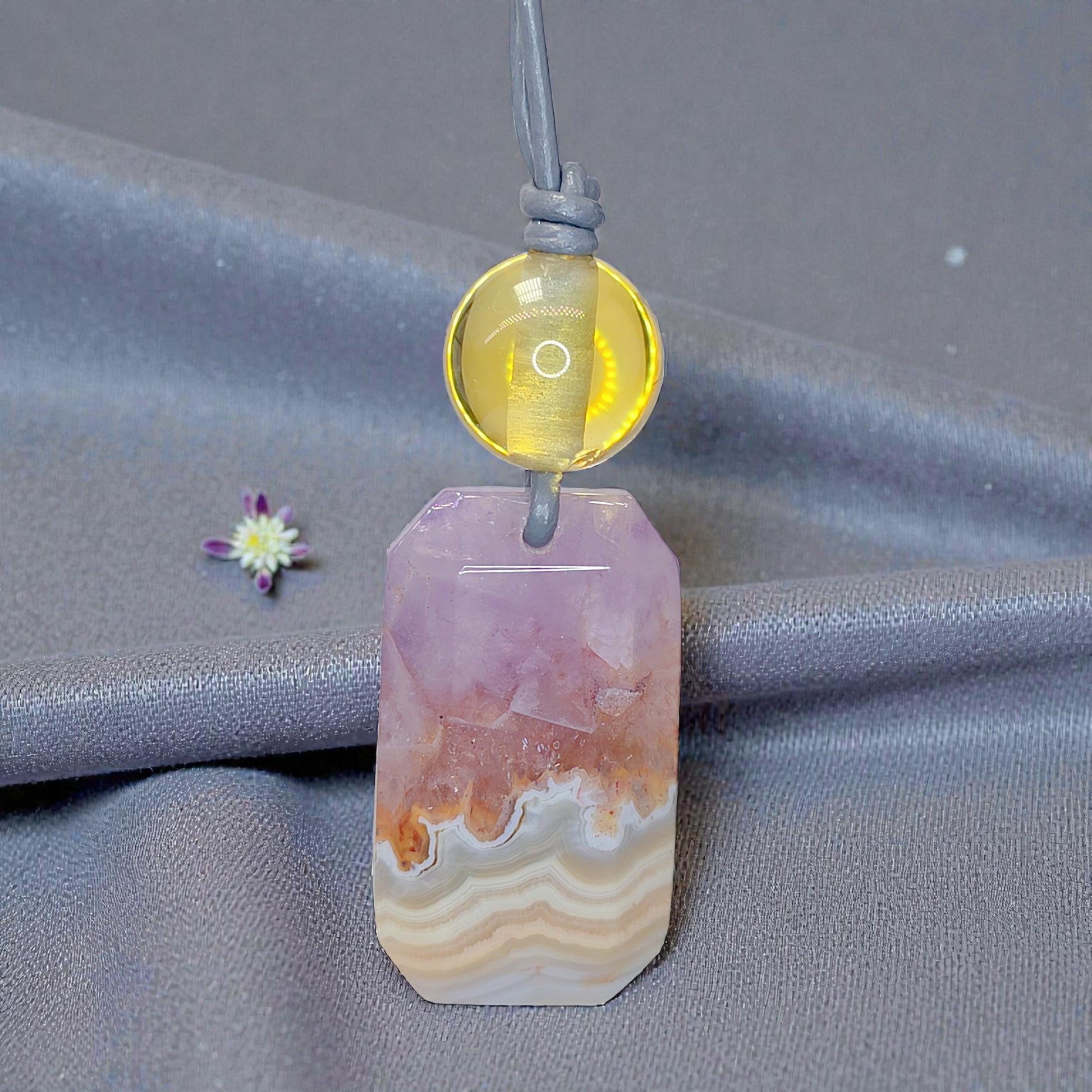 Chevron Amethyst Crystal Pendant Necklace, Chunky Geometric Citrine Healing Stone Jewelry, Adjustable Leather Cord