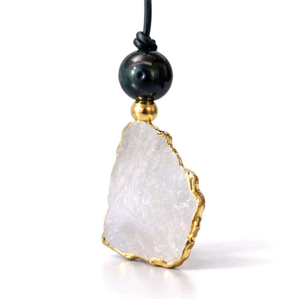 Clear Quartz Pendant Necklace, Chunky Geometric Obsidian Healing Crystal Jewelry, Adjustable Leather Cord