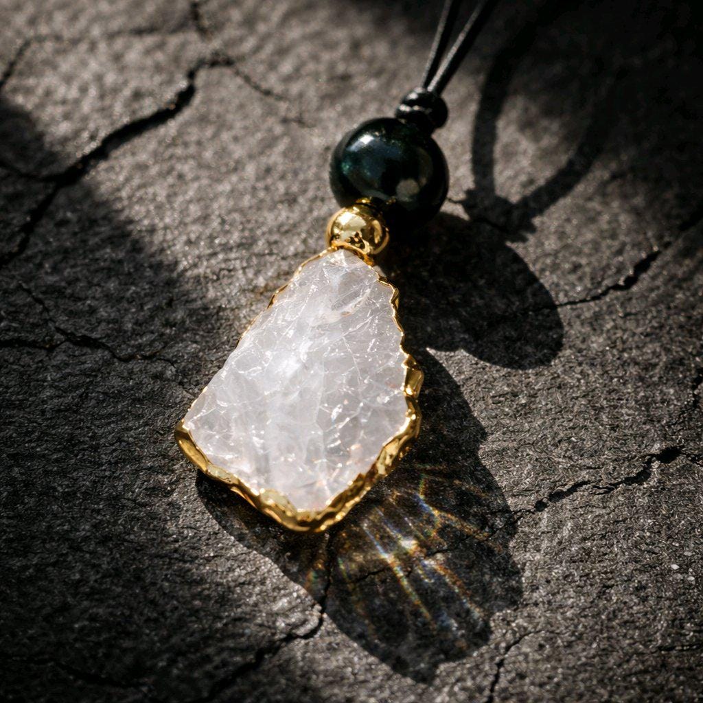 Clear Quartz Pendant Necklace, Chunky Geometric Obsidian Healing Crystal Jewelry, Adjustable Leather Cord