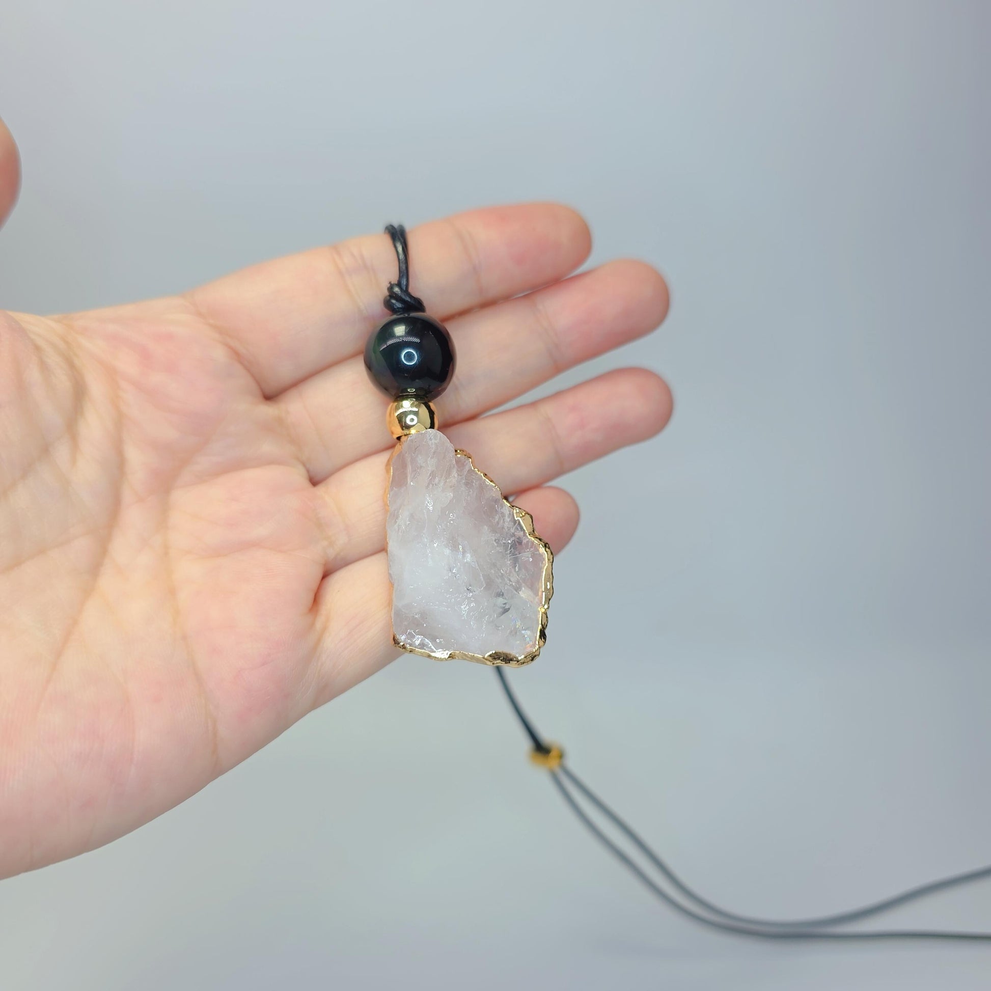 Clear Quartz Pendant Necklace, Chunky Geometric Obsidian Healing Crystal Jewelry, Adjustable Leather Cord