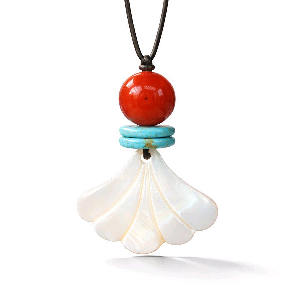 White Shell Fan Pendant Necklace, Chunky Geometric Turquoise Red Carnelian Healing Jewelry, Adjustable Leather Cord