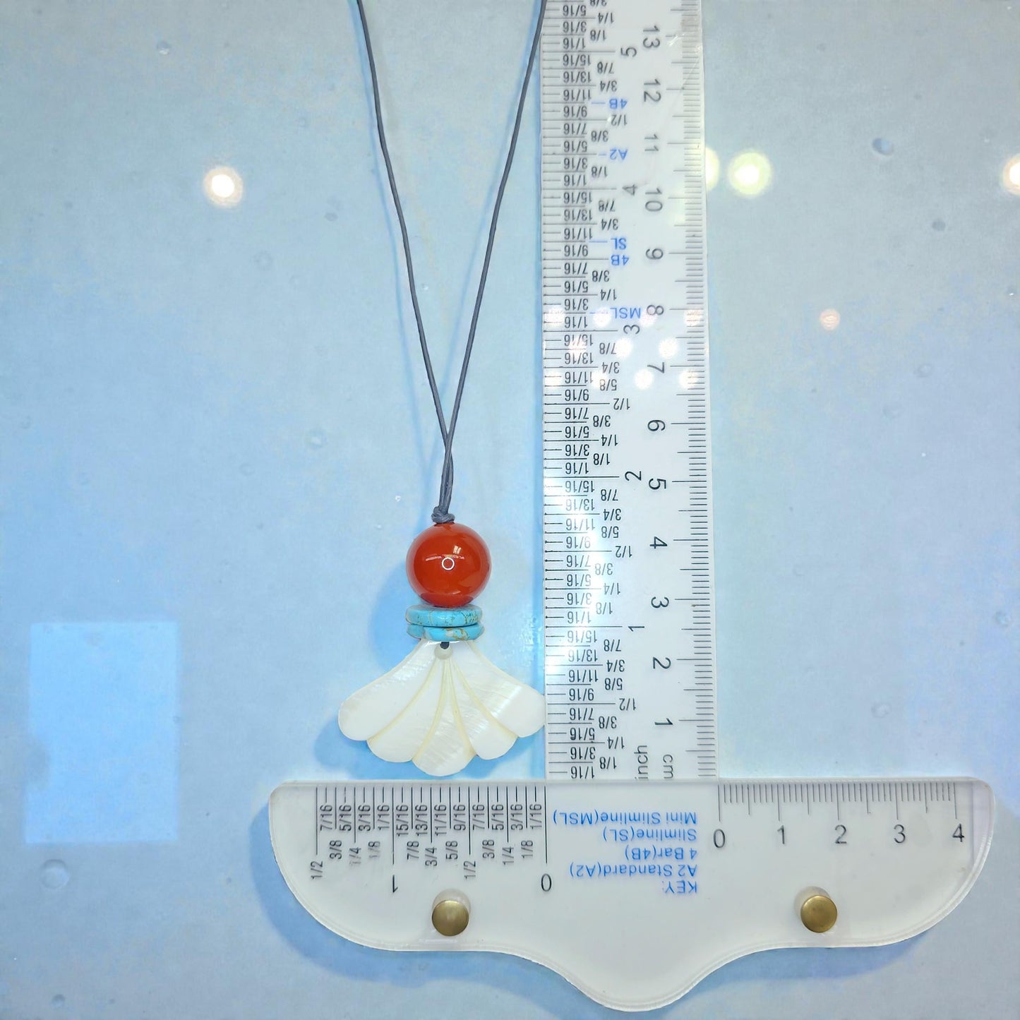 White Shell Fan Pendant Necklace, Chunky Geometric Turquoise Red Carnelian Healing Jewelry, Adjustable Leather Cord