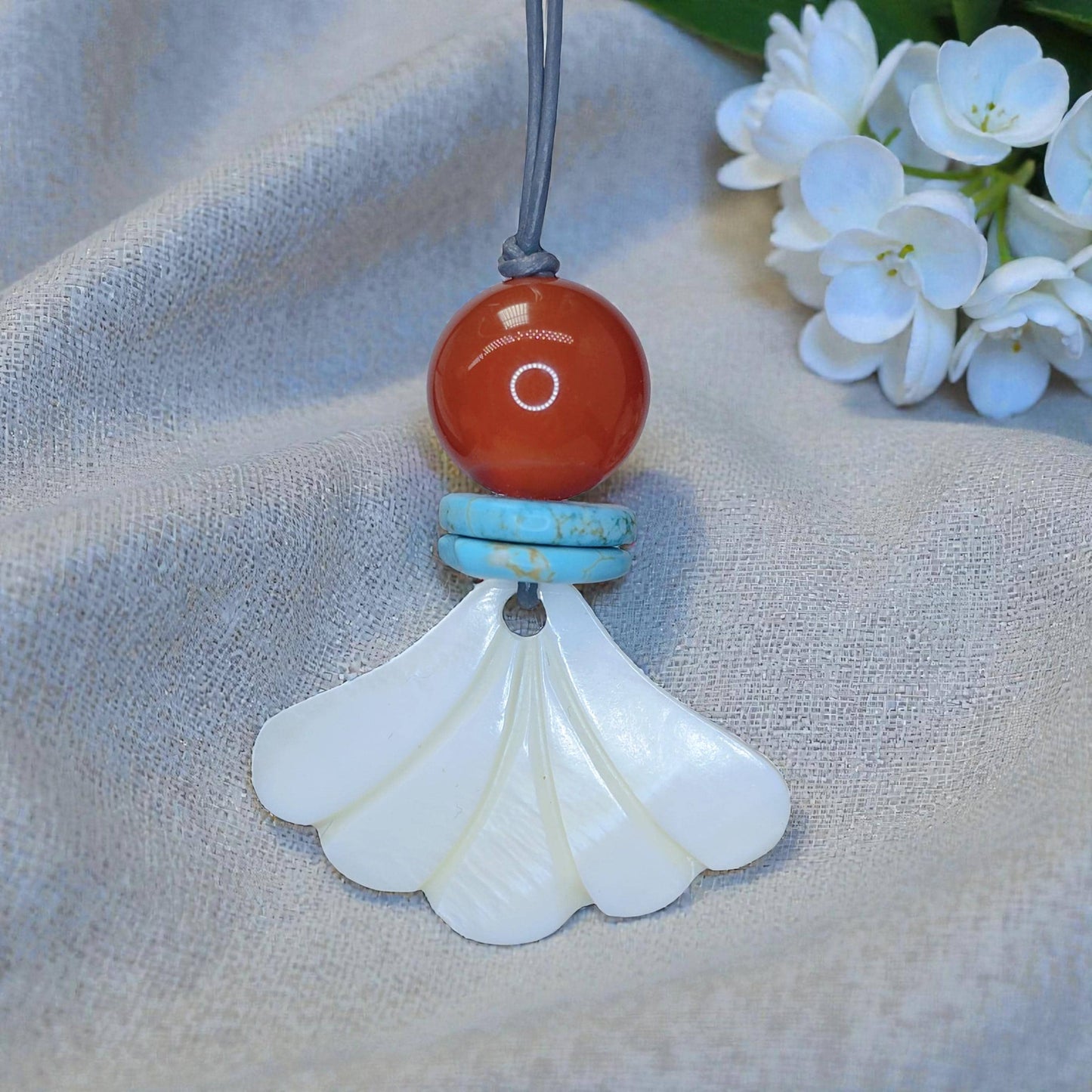 White Shell Fan Pendant Necklace, Chunky Geometric Turquoise Red Carnelian Healing Jewelry, Adjustable Leather Cord