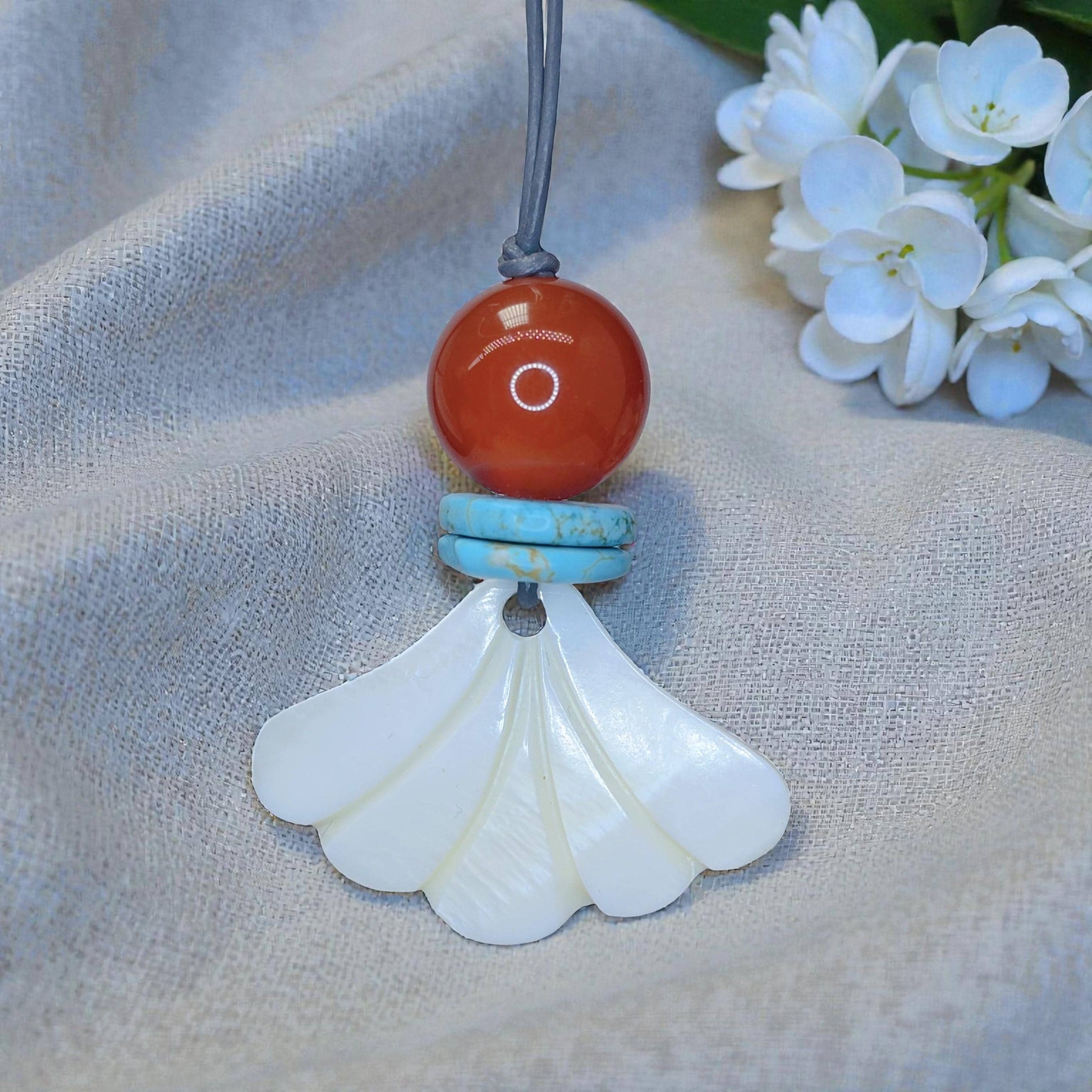 White Shell Fan Pendant Necklace, Chunky Geometric Turquoise Red Carnelian Healing Jewelry, Adjustable Leather Cord