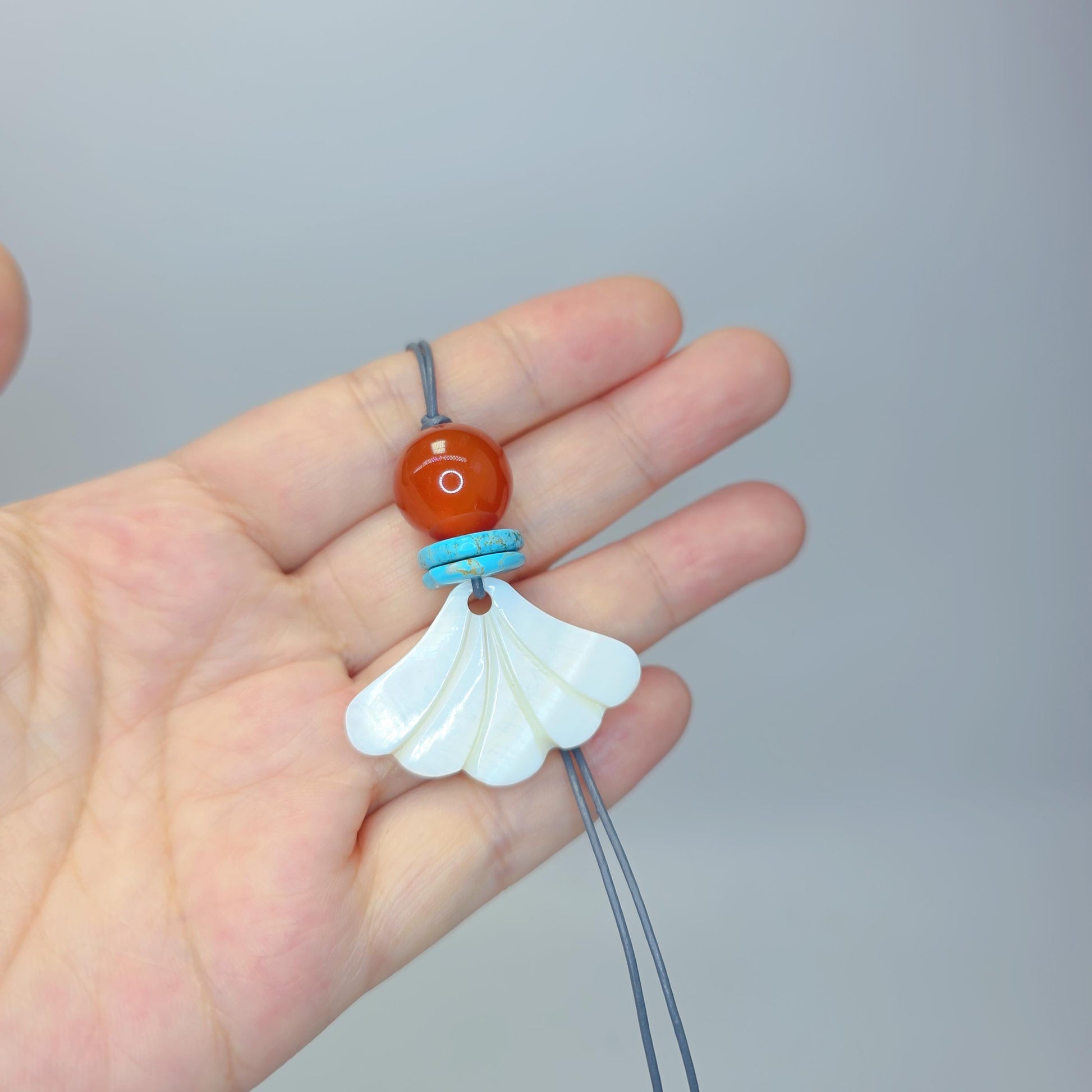 White Shell Fan Pendant Necklace, Chunky Geometric Turquoise Red Carnelian Healing Jewelry, Adjustable Leather Cord