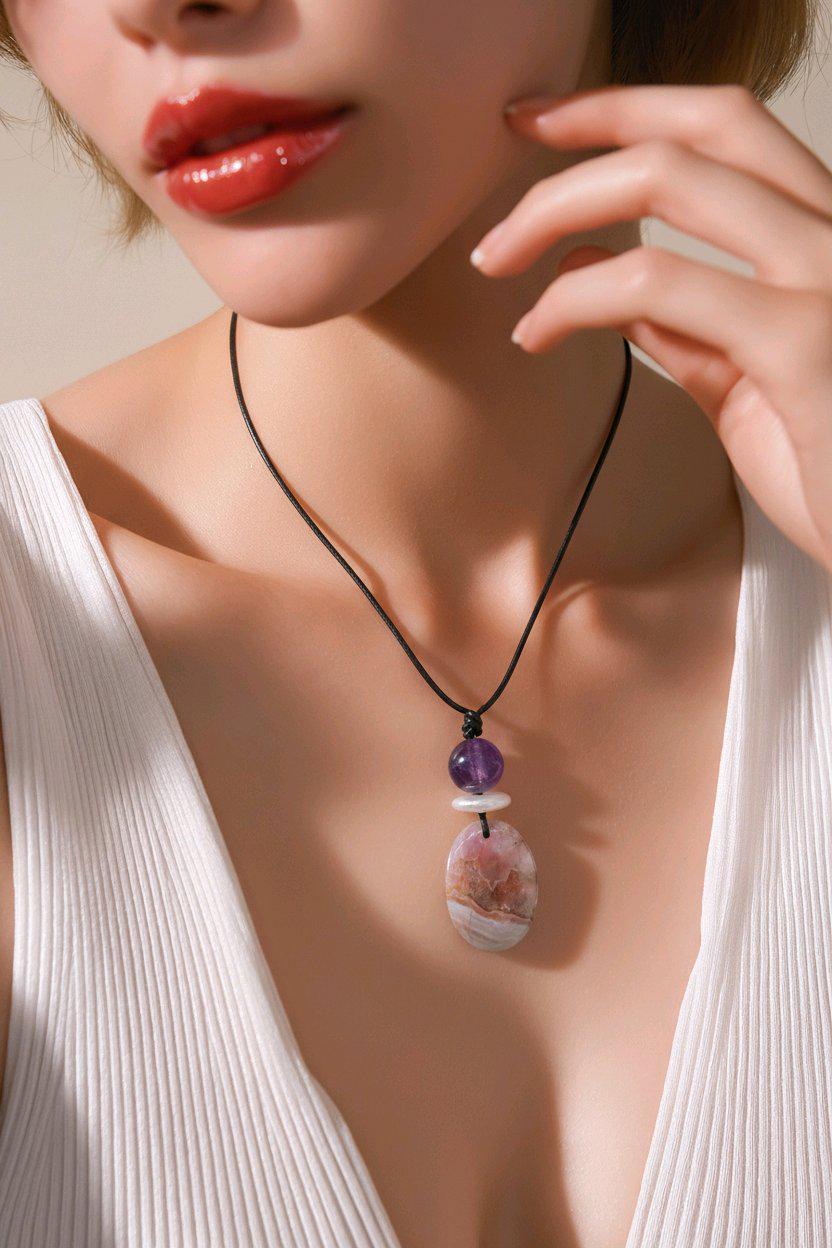 Chevron Amethyst Necklace Crystal Healing Jewelry for Her Unique Chunky Stone Pendant Gift with Adjustable Leather Cord