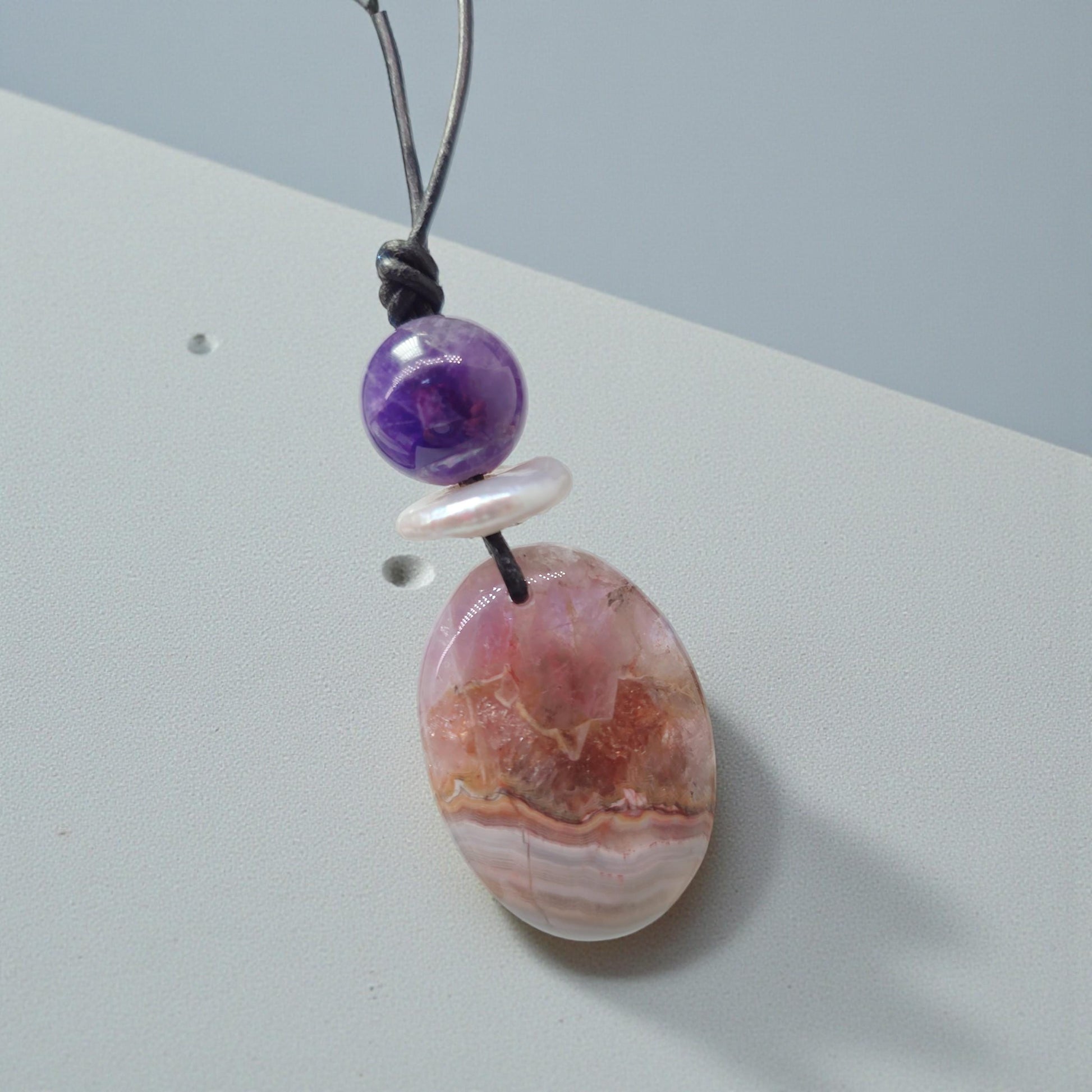 Chevron Amethyst Necklace Crystal Healing Jewelry for Her Unique Chunky Stone Pendant Gift with Adjustable Leather Cord