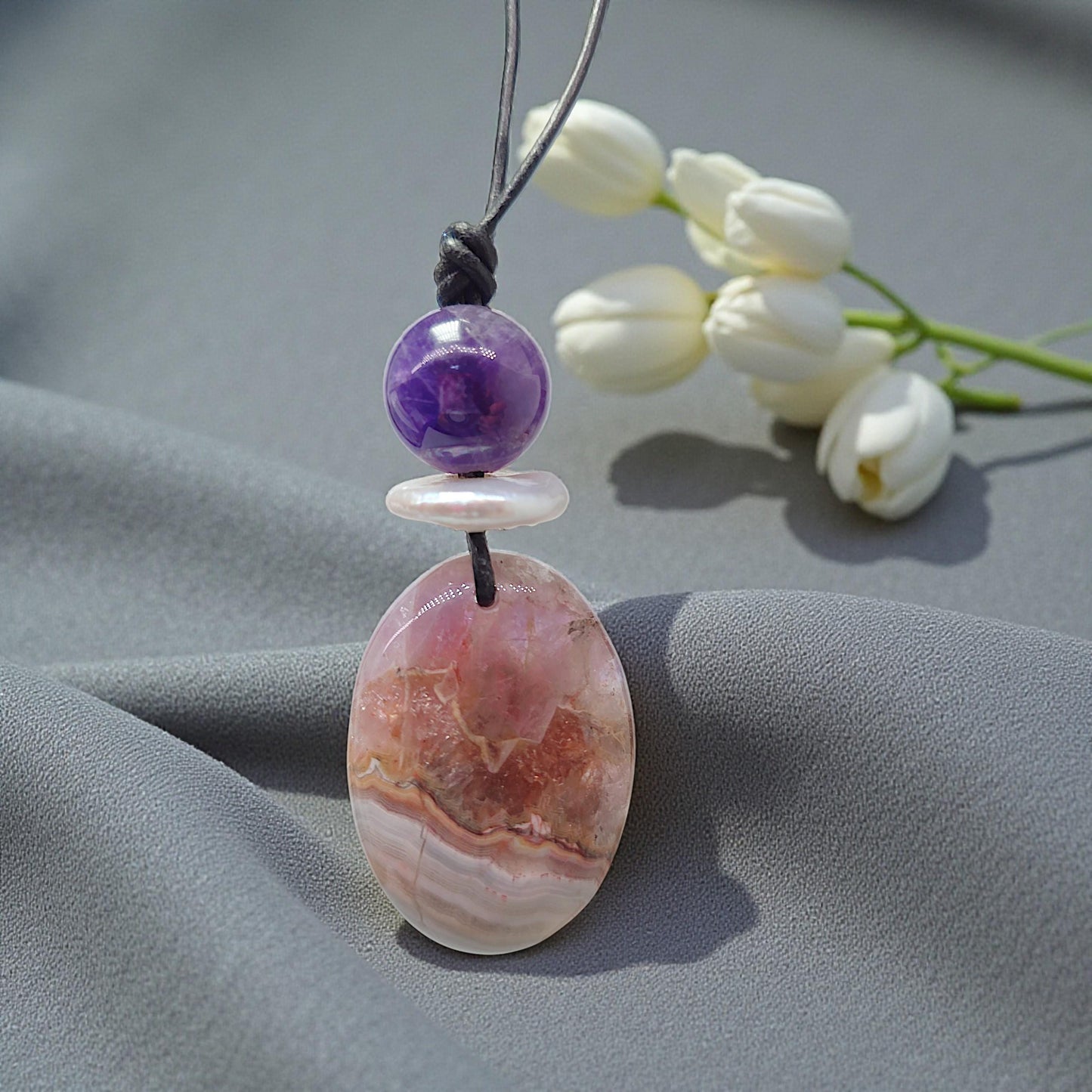 Chevron Amethyst Necklace Crystal Healing Jewelry for Her Unique Chunky Stone Pendant Gift with Adjustable Leather Cord