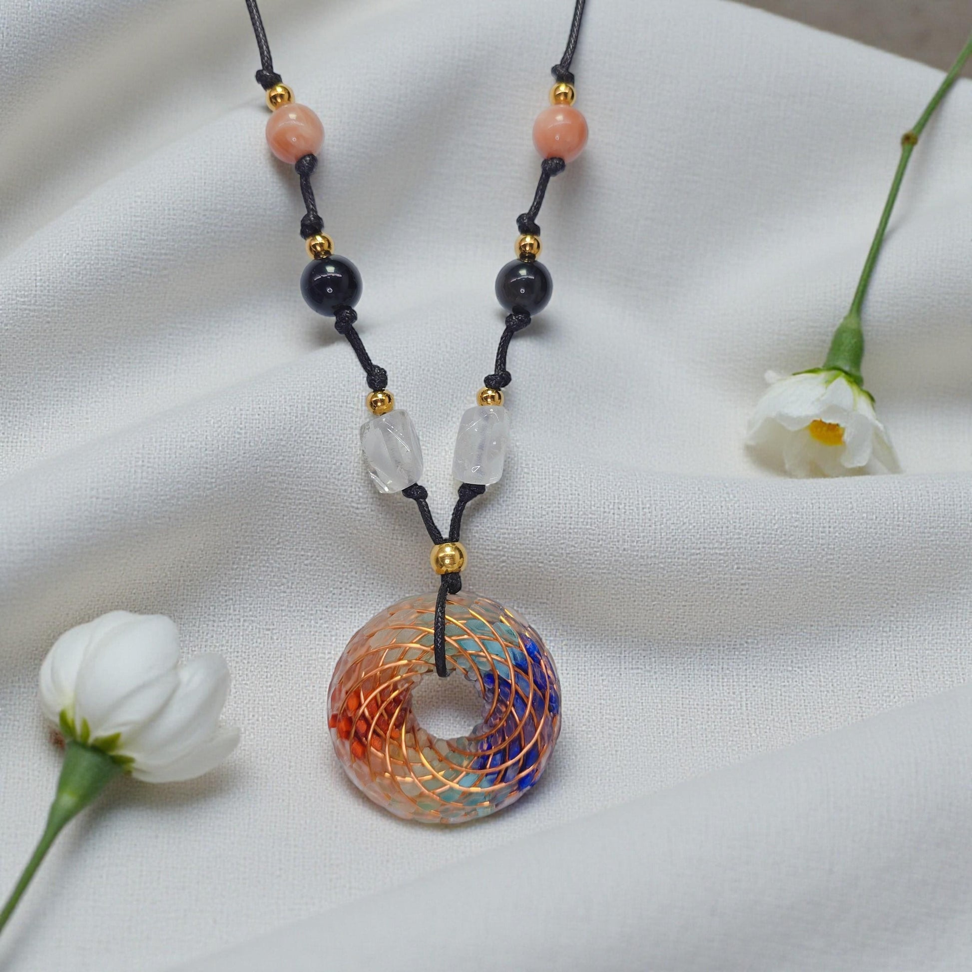 7 Chakra Rodin Coil Necklace Healing Crystal Orgone Energy Pendant Chunky Yoga Jewelry for Protection with Adjustable Leather Cord