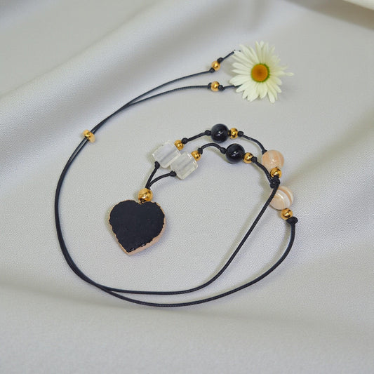 Black Tourmaline Necklace Heart Crystal Protection Jewelry for Her Chunky Raw Stone Pendant Gift with Adjustable Chain