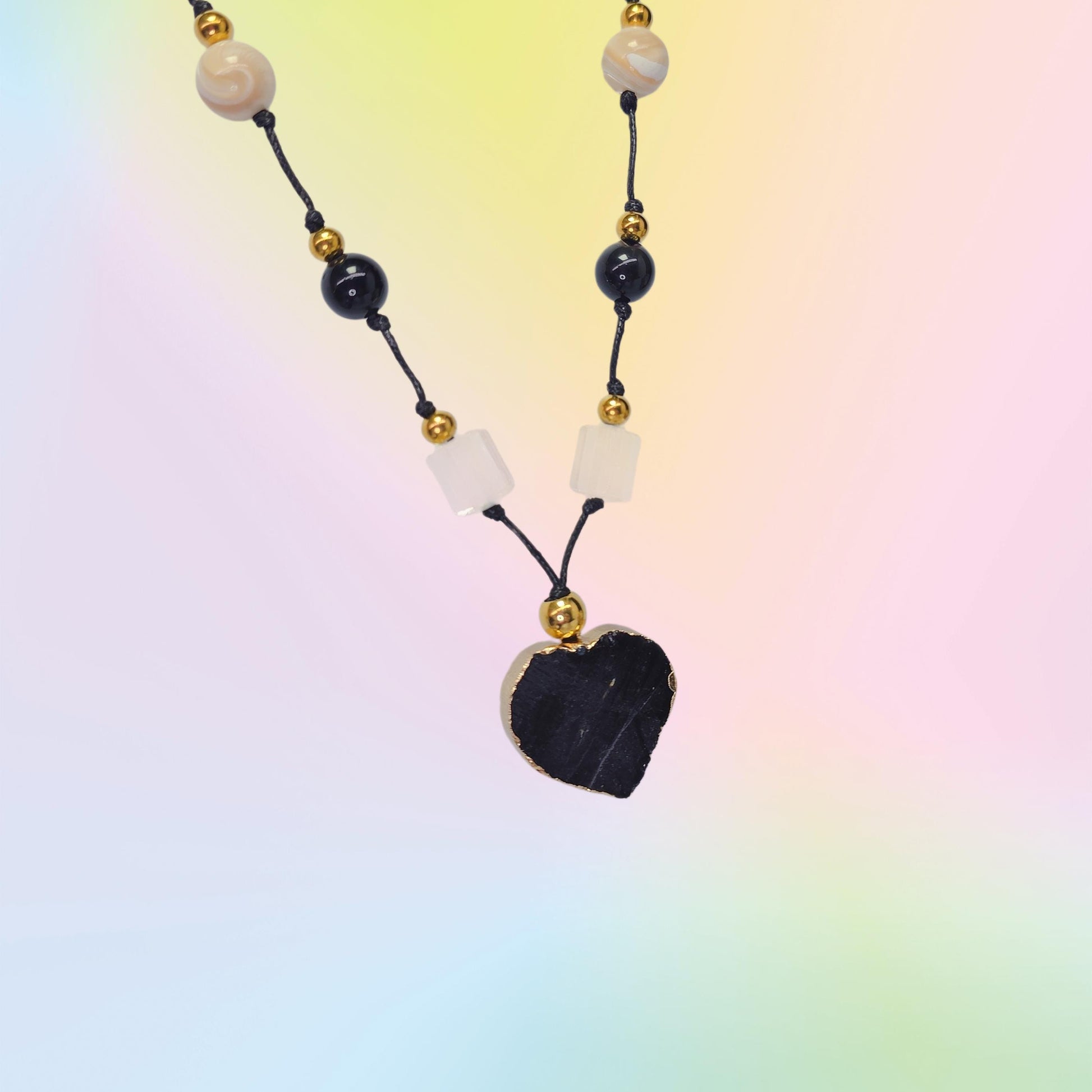 Black Tourmaline Necklace Heart Crystal Protection Jewelry for Her Chunky Raw Stone Pendant Gift with Adjustable Chain