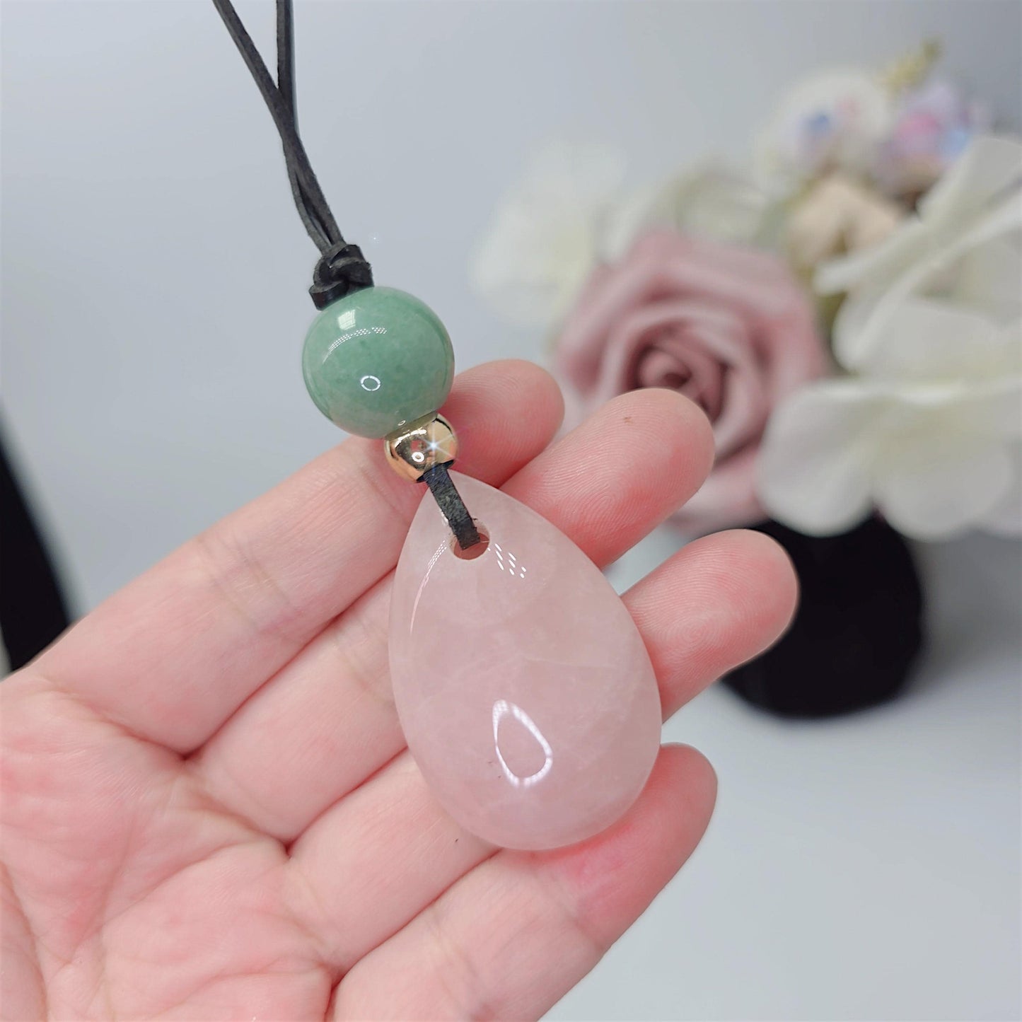 Rose Quartz Necklace Natural Aventurine Crystal Healing Jewelry for Her Unique Chunky Teardrop Pendant with Adjustable Vegan Cord