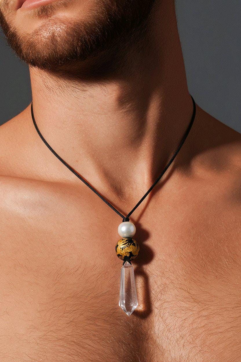 Clear Quartz Dragon Necklace, Black Onyx Chunky Geometric Pendant, Personalized Birthstone Jewelry for Men Women, Adjustable Leather Cord