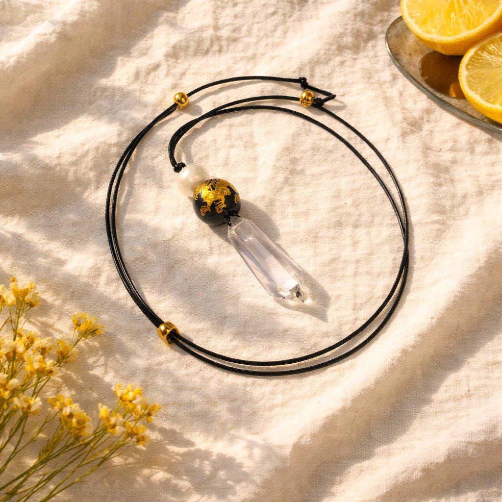 Clear Quartz Dragon Necklace, Black Onyx Chunky Geometric Pendant, Personalized Birthstone Jewelry for Men Women, Adjustable Leather Cord