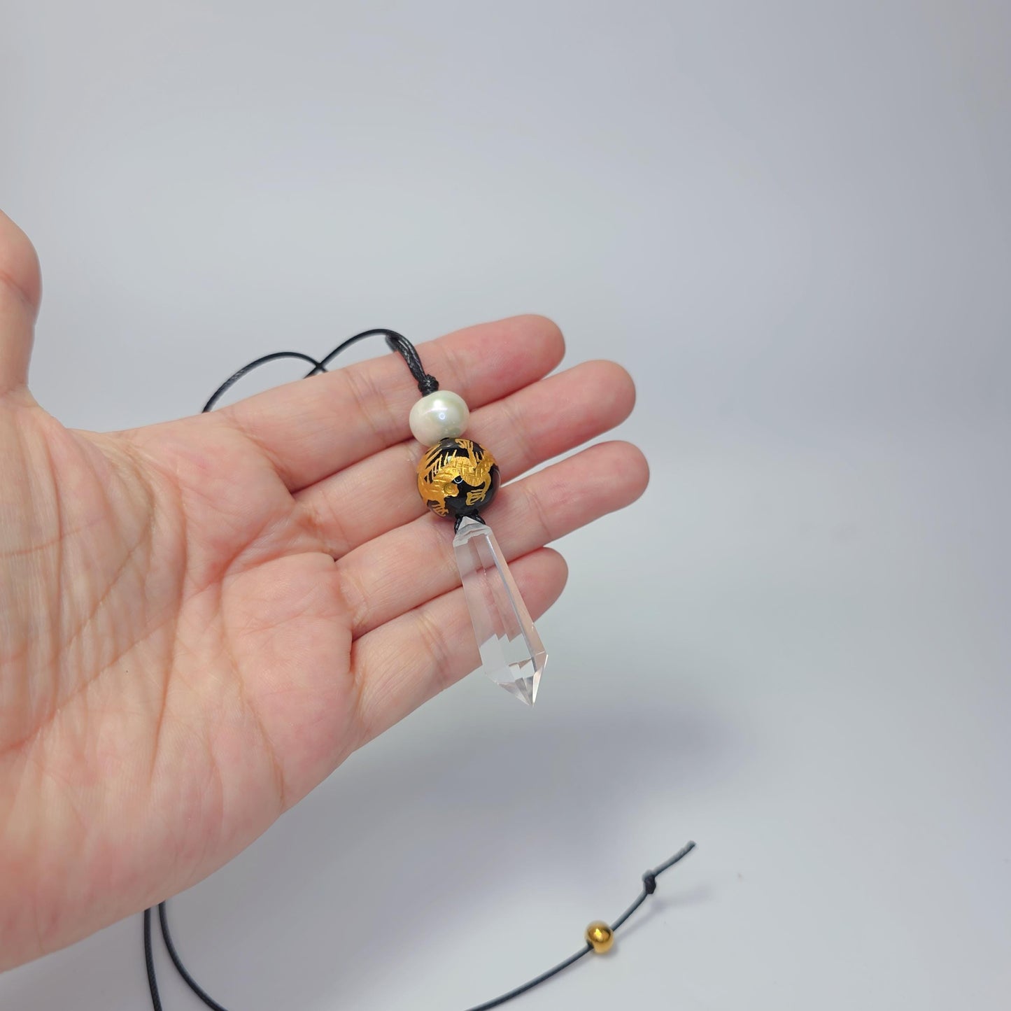 Clear Quartz Dragon Necklace, Black Onyx Chunky Geometric Pendant, Personalized Birthstone Jewelry for Men Women, Adjustable Leather Cord