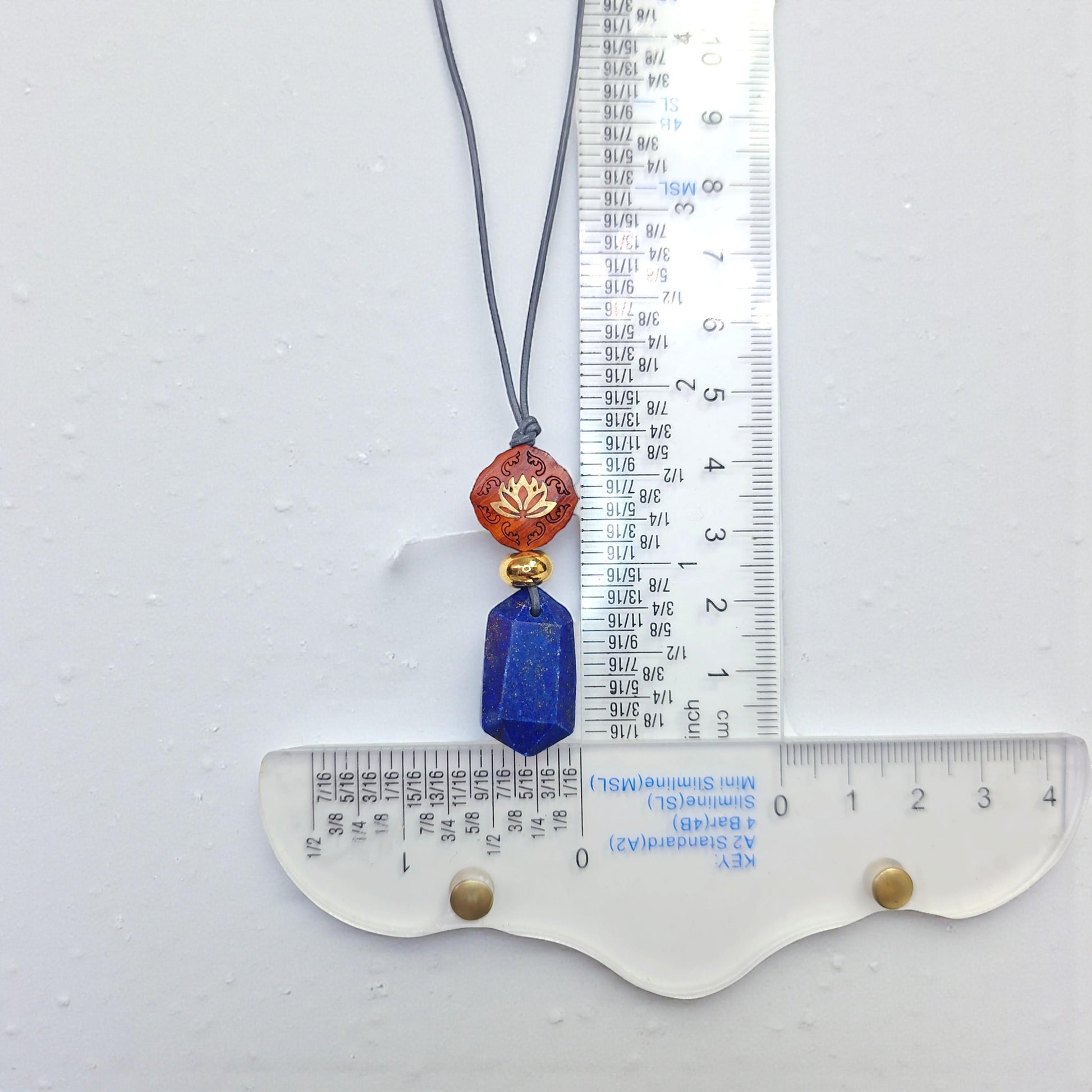 Lapis Lazuli Lotus Necklace, Red Sandalwood Chunky Geometric Pendant, September Birthstone Yoga Jewelry, Adjustable Leather Cord