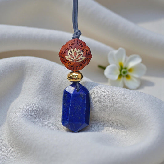 Lapis Lazuli Lotus Necklace, Red Sandalwood Chunky Geometric Pendant, September Birthstone Yoga Jewelry, Adjustable Leather Cord