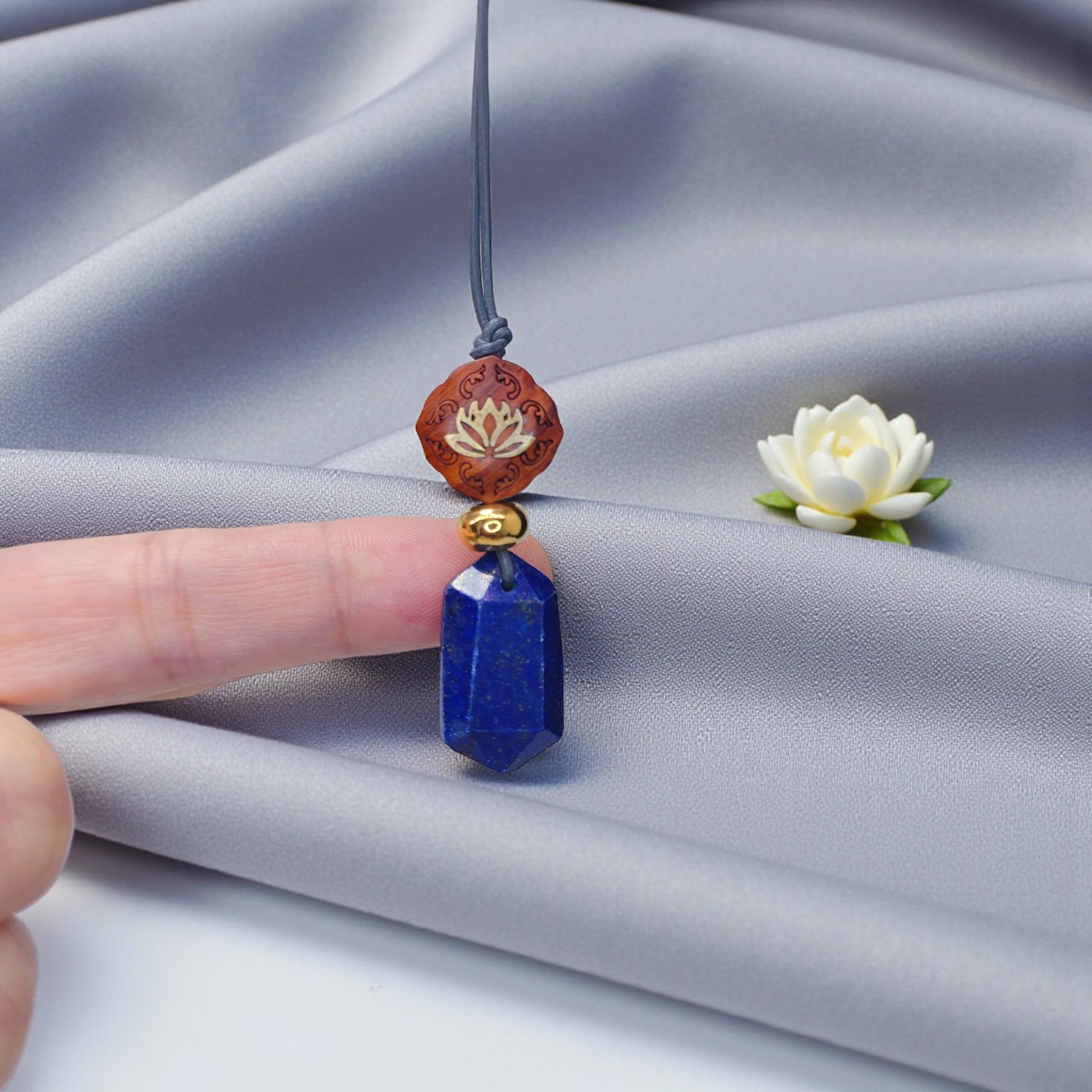 Lapis Lazuli Lotus Necklace, Red Sandalwood Chunky Geometric Pendant, September Birthstone Yoga Jewelry, Adjustable Leather Cord