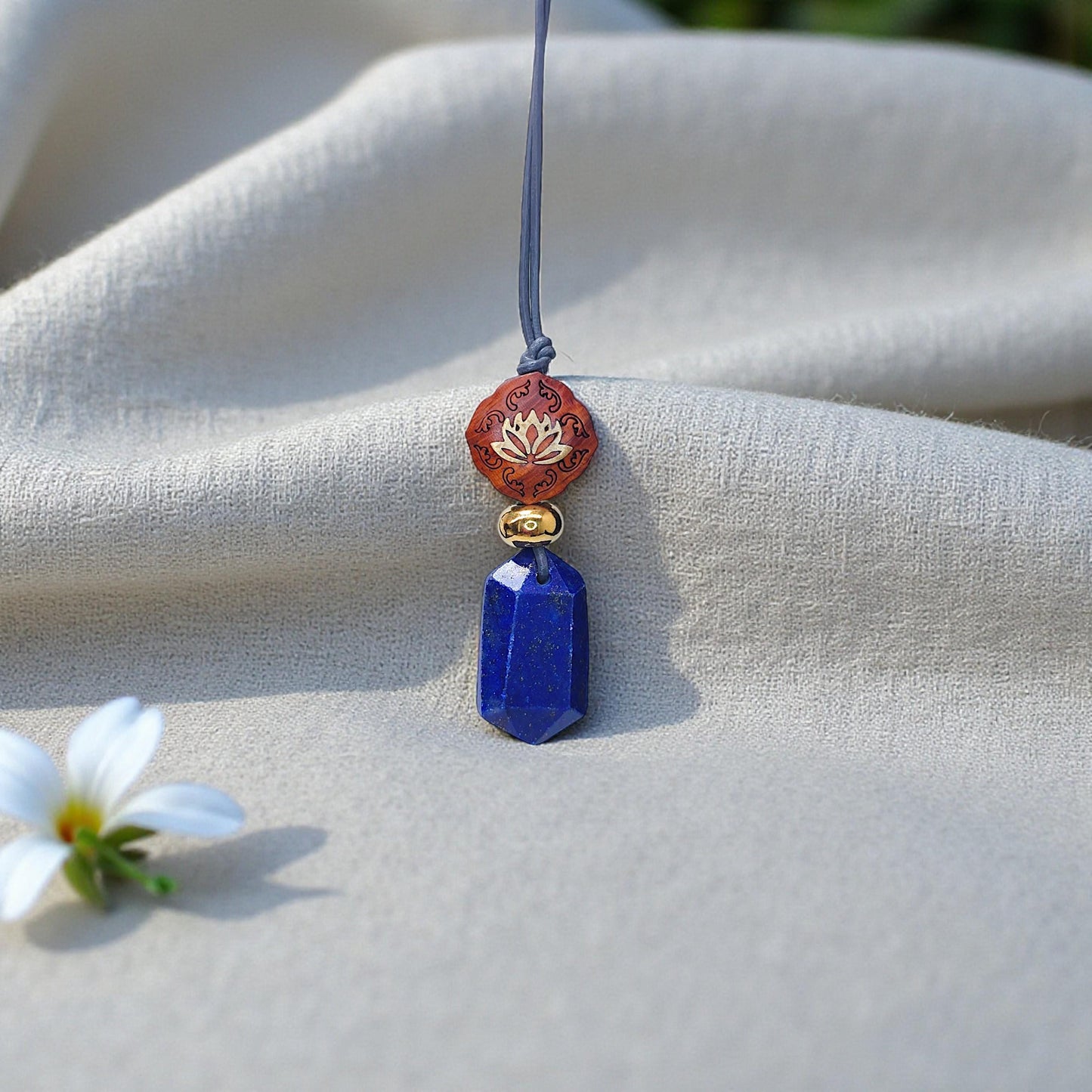 Lapis Lazuli Lotus Necklace, Red Sandalwood Chunky Geometric Pendant, September Birthstone Yoga Jewelry, Adjustable Leather Cord