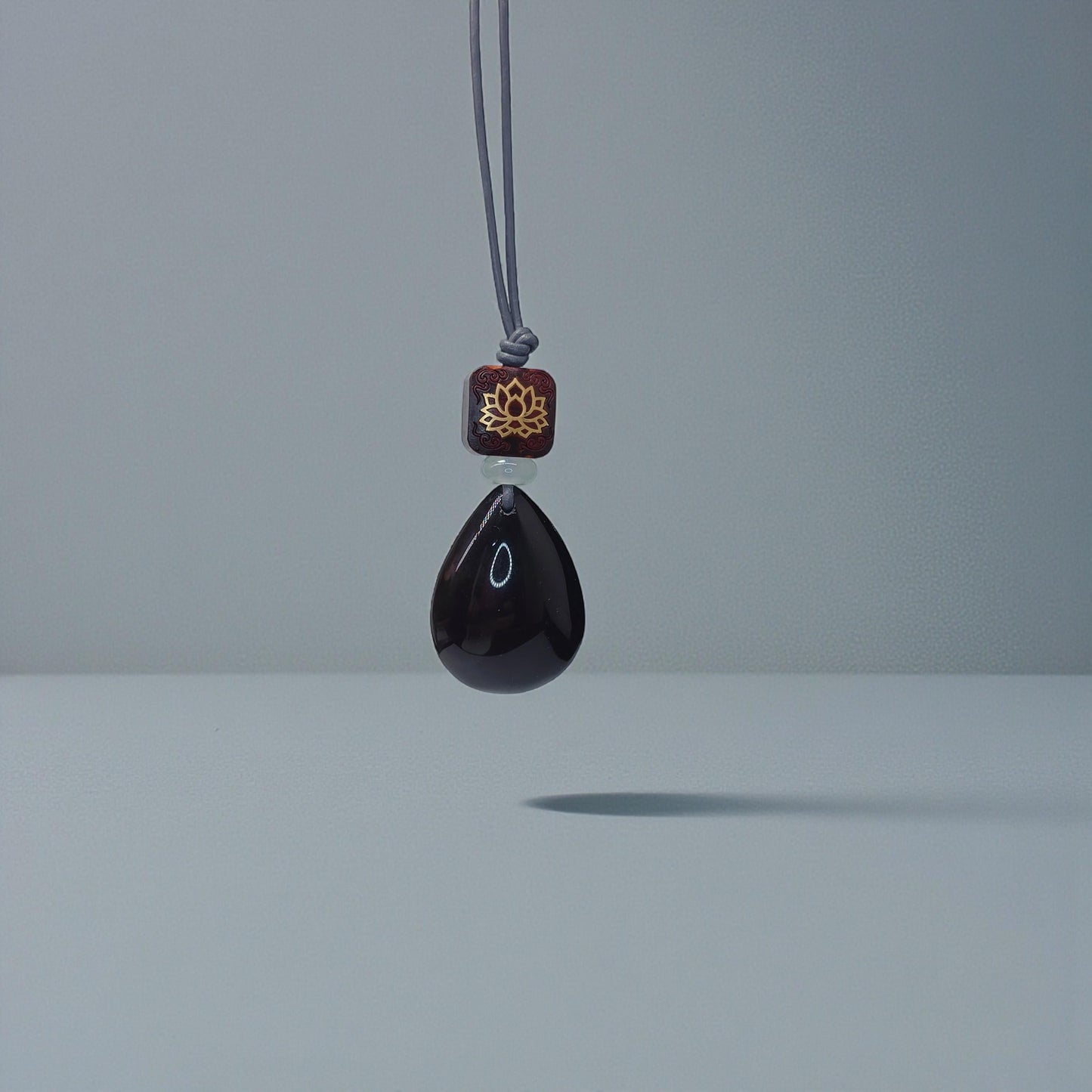 Obsidian Lotus Necklace, Red Sandalwood Chunky Geometric Pendant, Jade Birthstone Protection Jewelry, Adjustable Leather Cord