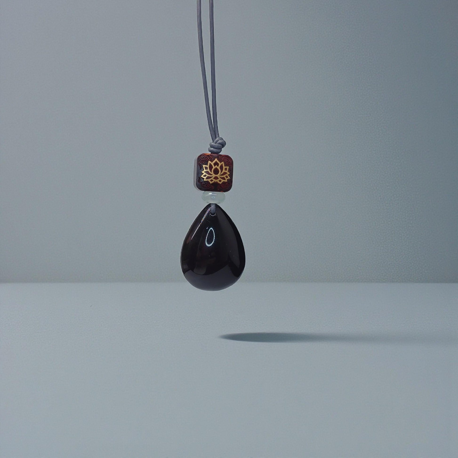 Obsidian Lotus Necklace, Red Sandalwood Chunky Geometric Pendant, Jade Birthstone Protection Jewelry, Adjustable Leather Cord