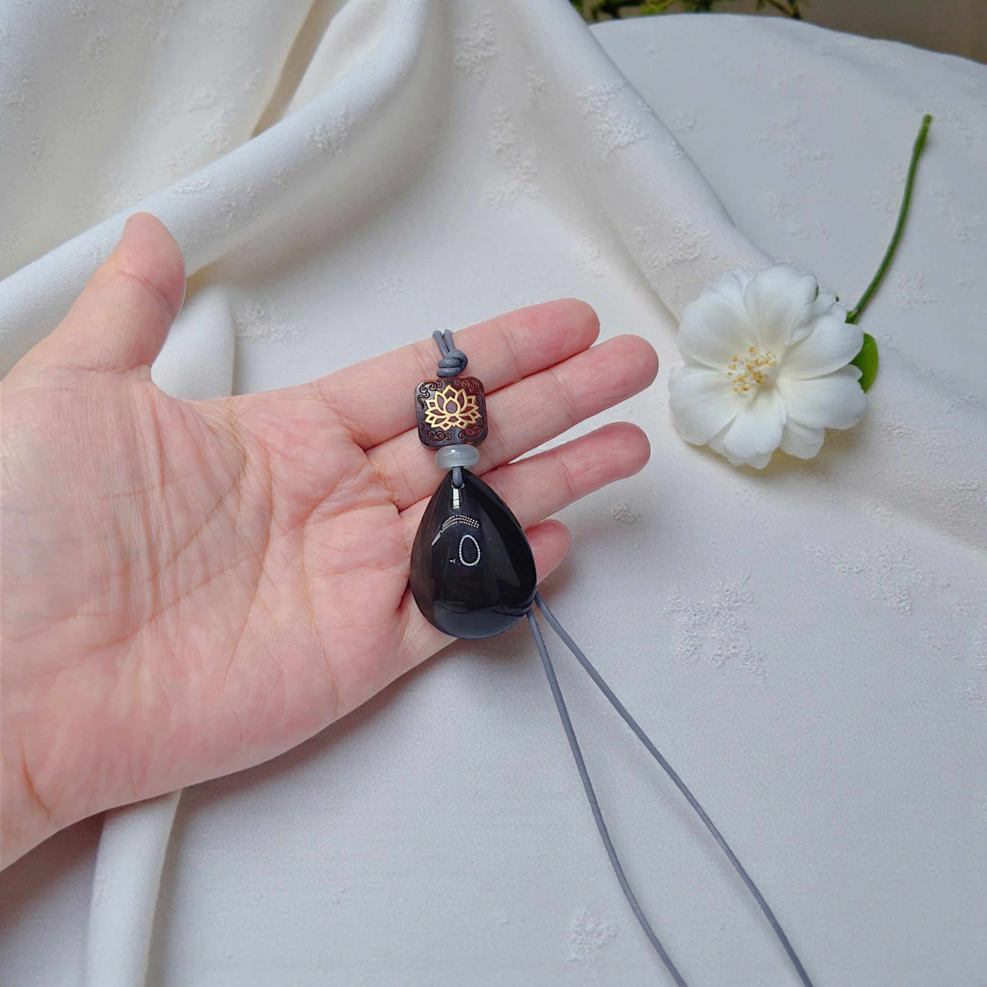 Obsidian Lotus Necklace, Red Sandalwood Chunky Geometric Pendant, Jade Birthstone Protection Jewelry, Adjustable Leather Cord