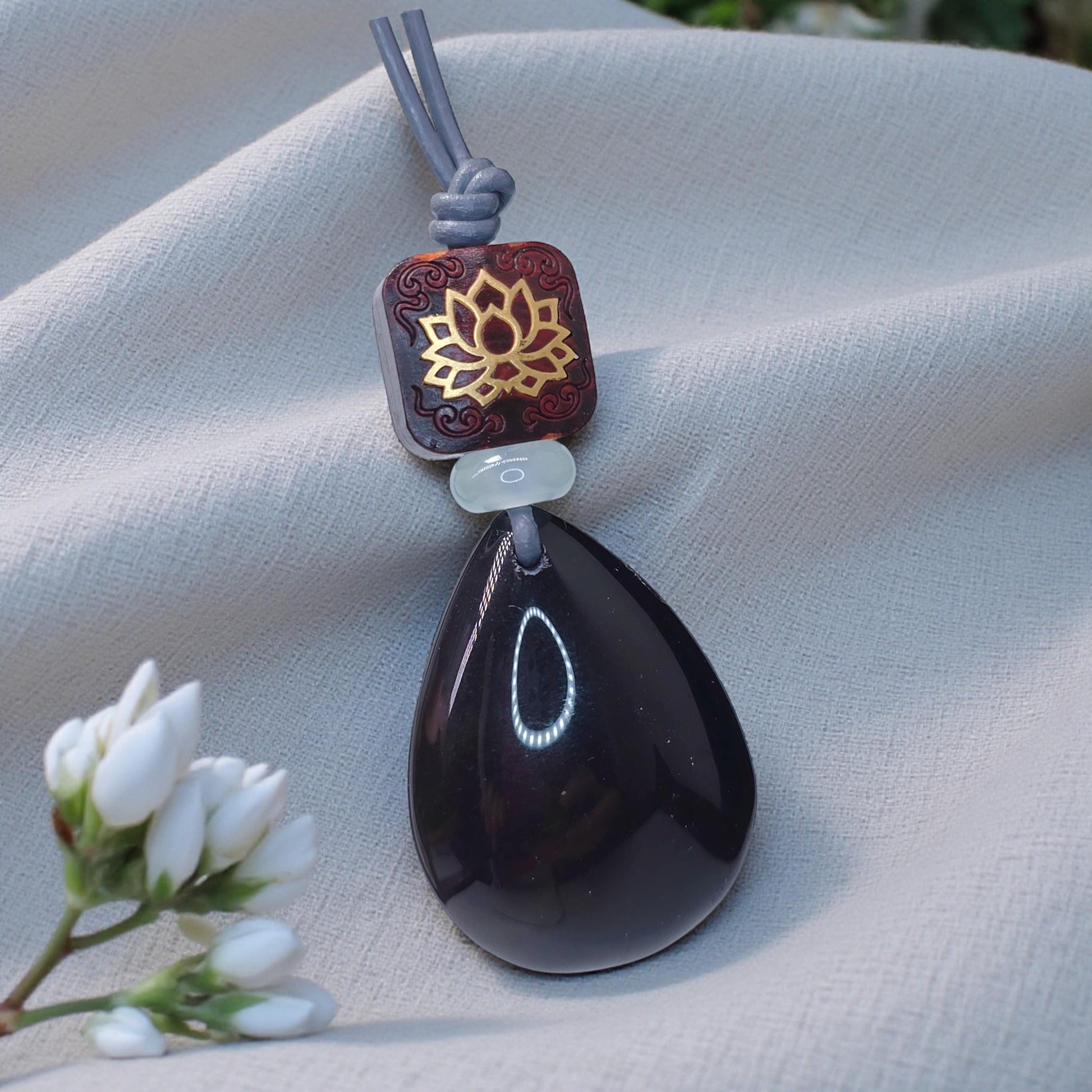 Obsidian Lotus Necklace, Red Sandalwood Chunky Geometric Pendant, Jade Birthstone Protection Jewelry, Adjustable Leather Cord