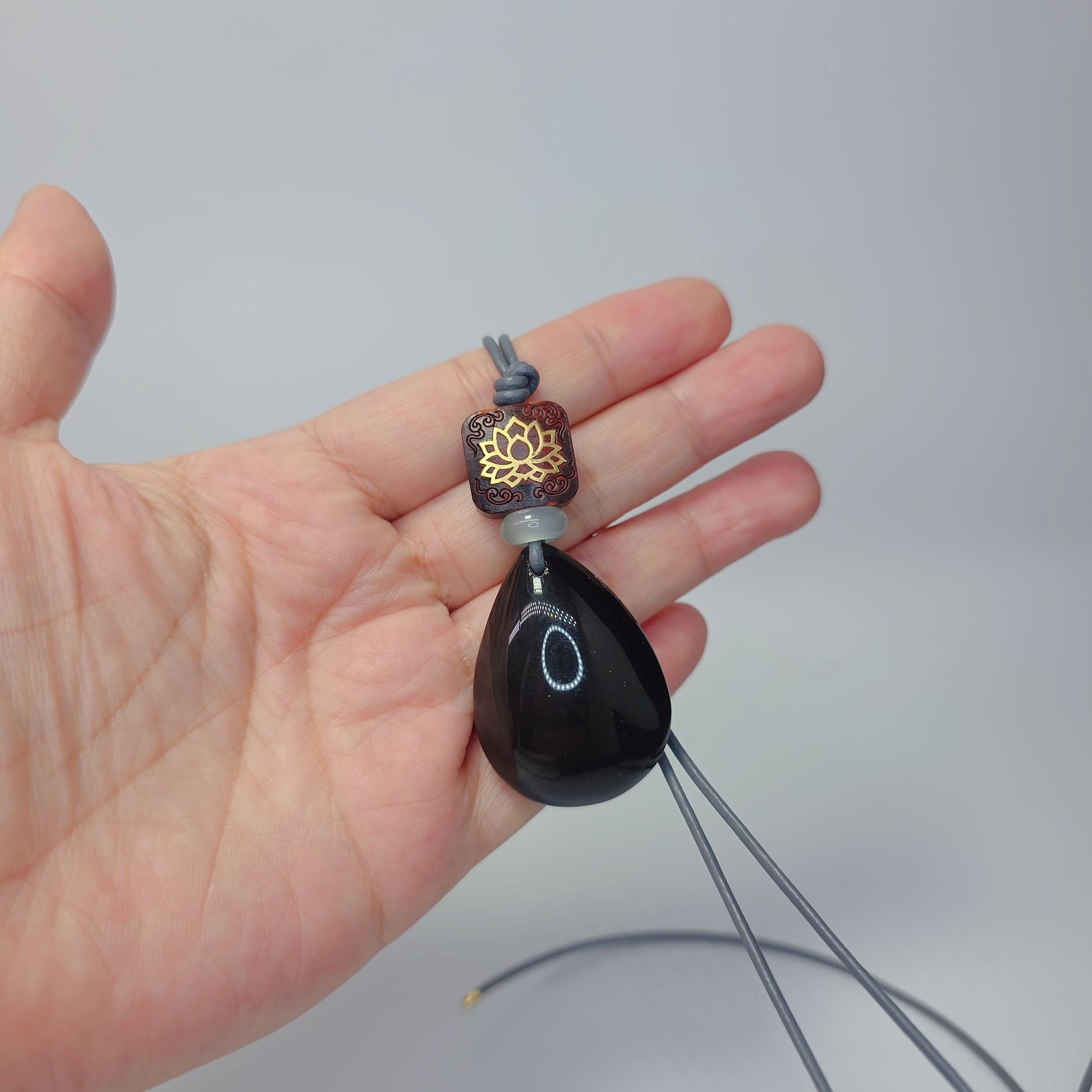 Obsidian Lotus Necklace, Red Sandalwood Chunky Geometric Pendant, Jade Birthstone Protection Jewelry, Adjustable Leather Cord