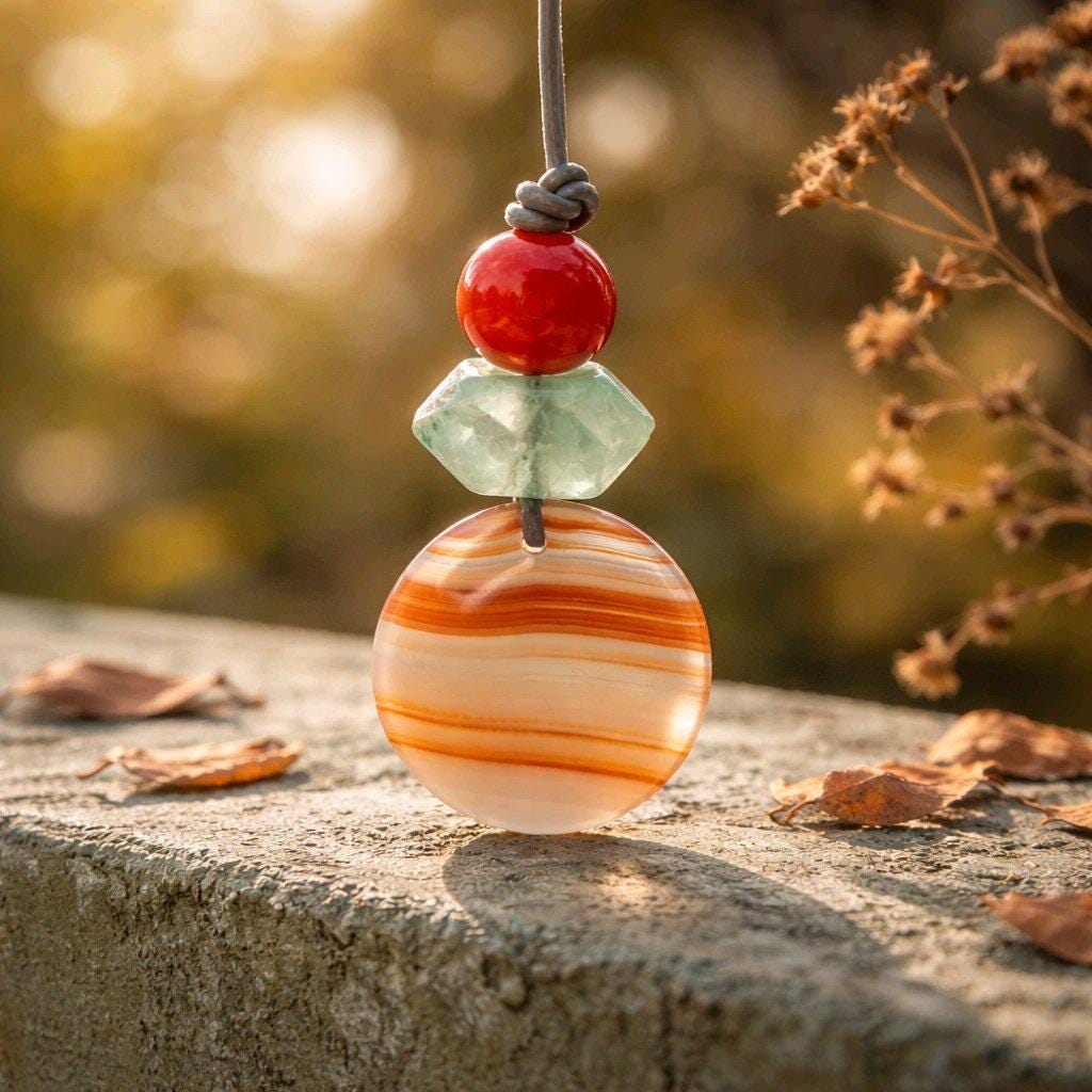 Striped Agate Necklace, Red Carnelian Chunky Geometric Pendant, Fluorite Birthstone Crystal Jewelry, Adjustable Leather Cord