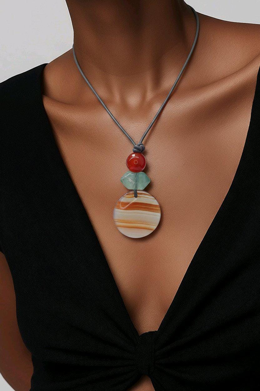 Striped Agate Necklace, Red Carnelian Chunky Geometric Pendant, Fluorite Birthstone Crystal Jewelry, Adjustable Leather Cord