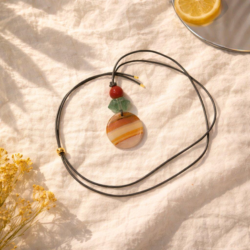 Striped Agate Necklace, Red Carnelian Chunky Geometric Pendant, Fluorite Birthstone Crystal Jewelry, Adjustable Leather Cord