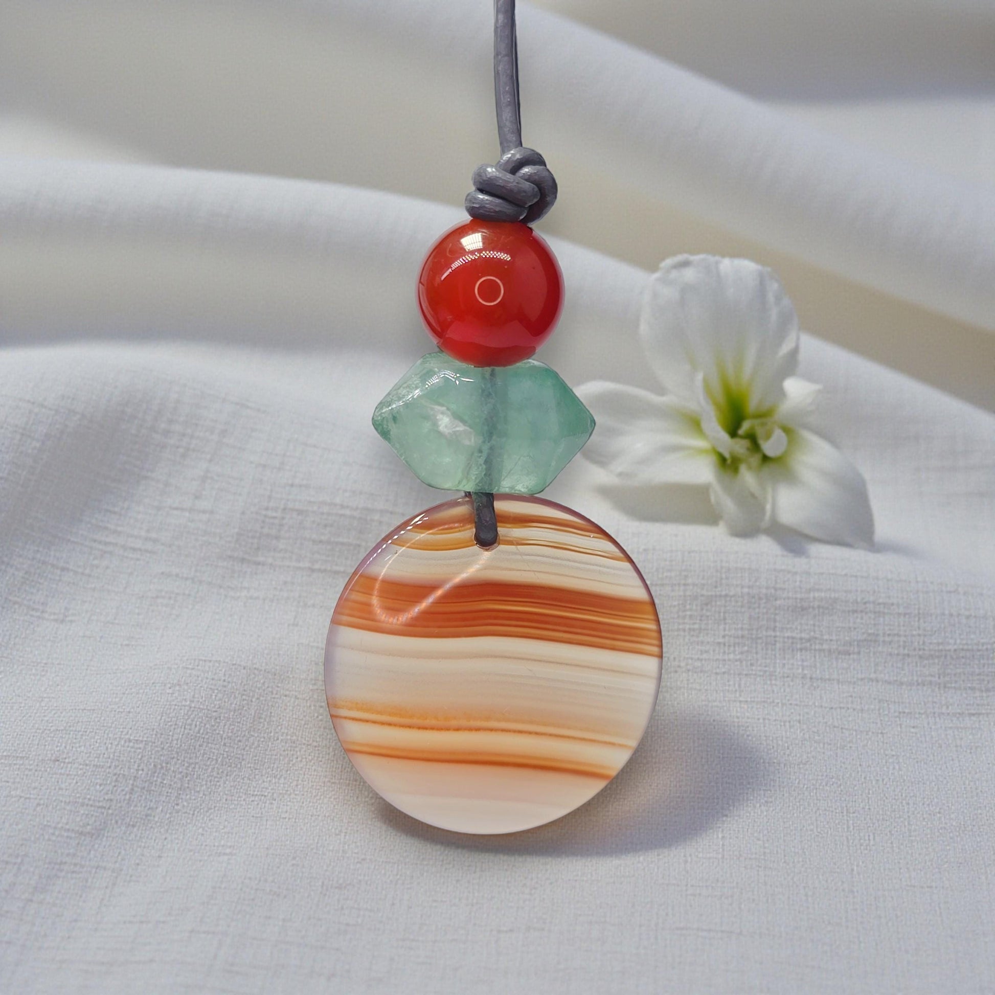 Striped Agate Necklace, Red Carnelian Chunky Geometric Pendant, Fluorite Birthstone Crystal Jewelry, Adjustable Leather Cord