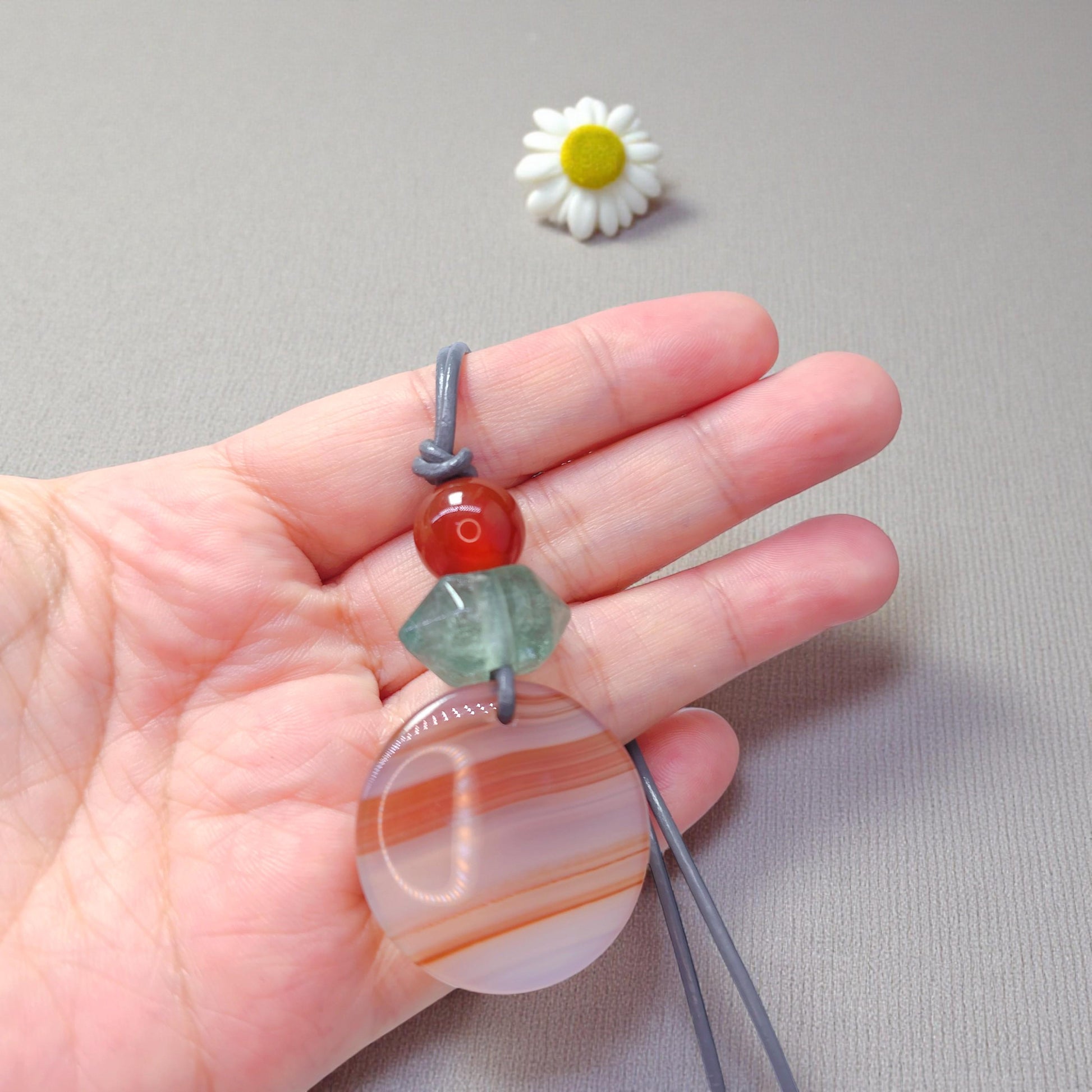 Striped Agate Necklace, Red Carnelian Chunky Geometric Pendant, Fluorite Birthstone Crystal Jewelry, Adjustable Leather Cord