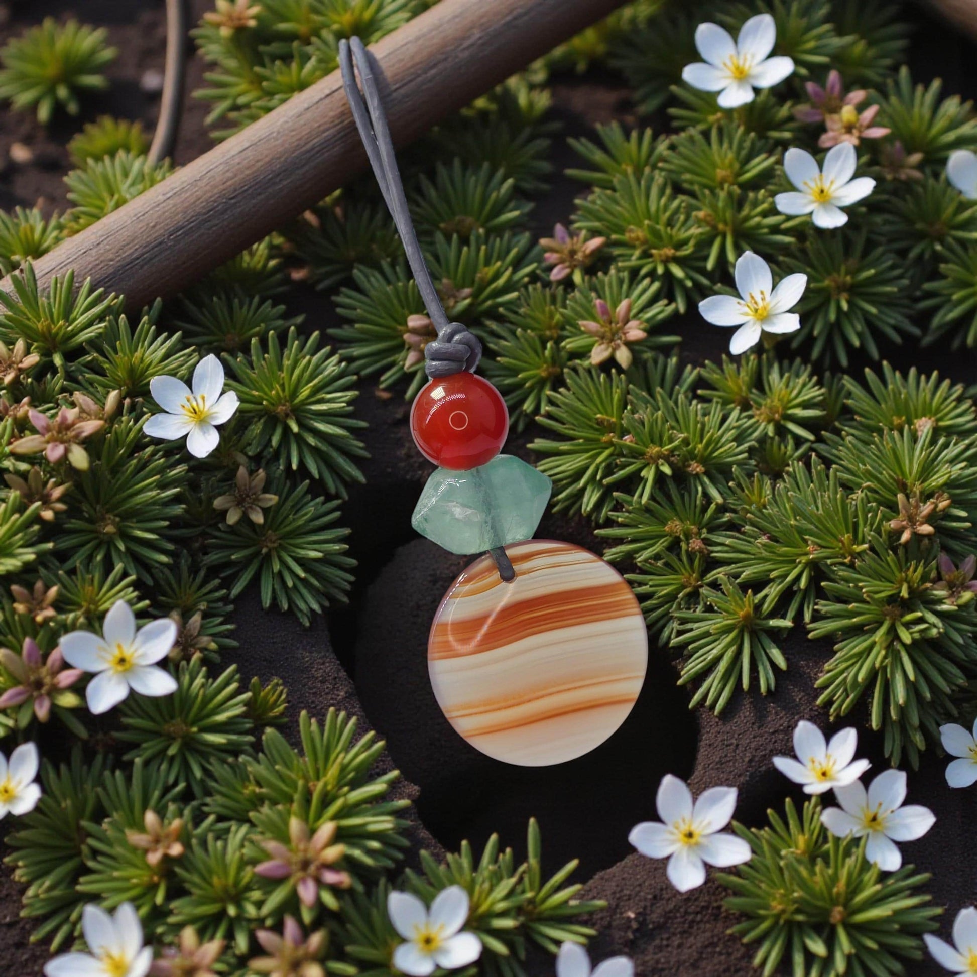Striped Agate Necklace, Red Carnelian Chunky Geometric Pendant, Fluorite Birthstone Crystal Jewelry, Adjustable Leather Cord