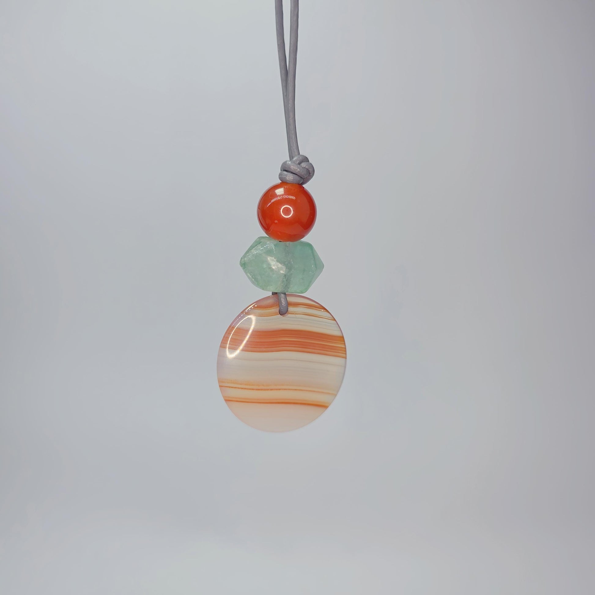 Striped Agate Necklace, Red Carnelian Chunky Geometric Pendant, Fluorite Birthstone Crystal Jewelry, Adjustable Leather Cord