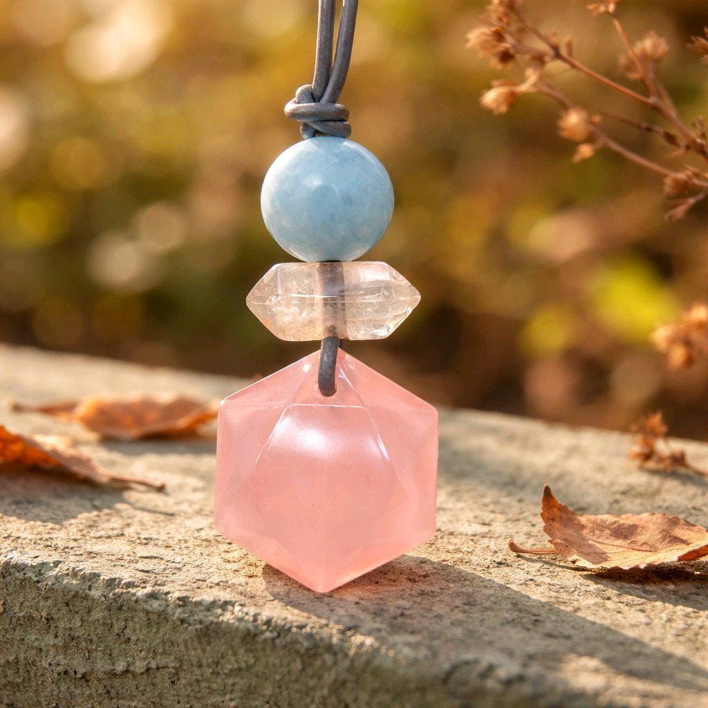 Rose Quartz Hexagon Necklace, Clear Quartz Chunky Geometric Pendant, Aquamarine Birthstone Jewelry for Women, Adjustable Leather Cord
