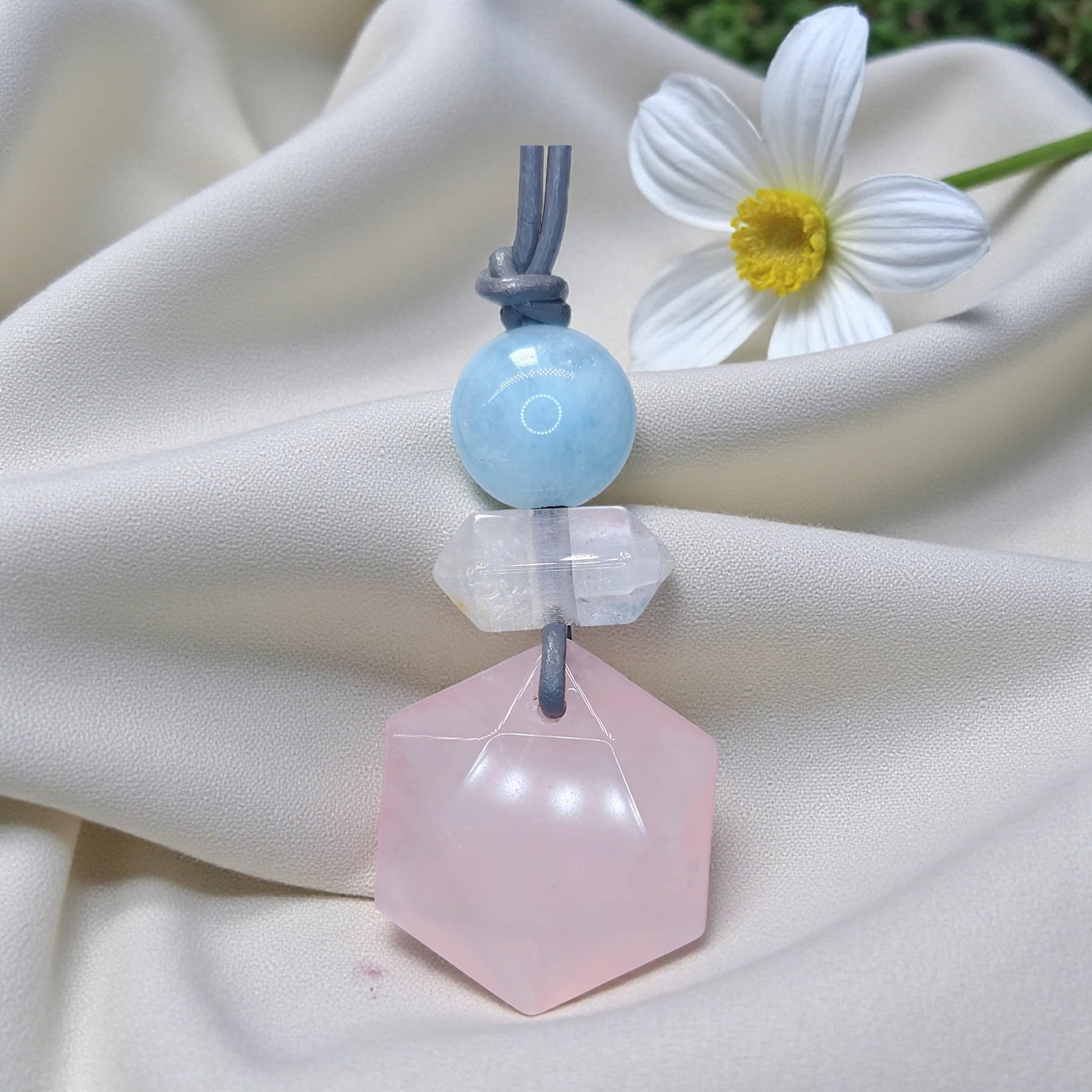 Rose Quartz Hexagon Necklace, Clear Quartz Chunky Geometric Pendant, Aquamarine Birthstone Jewelry for Women, Adjustable Leather Cord