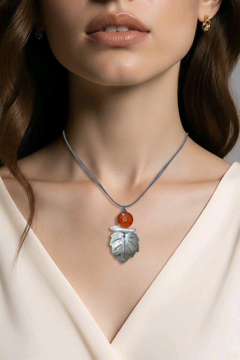 Red Carnelian Pearl Shell Leaf Necklace, Chunky Geometric Statement Jewelry, July Birthstone Gift for Her, Adjustable Leather Cord