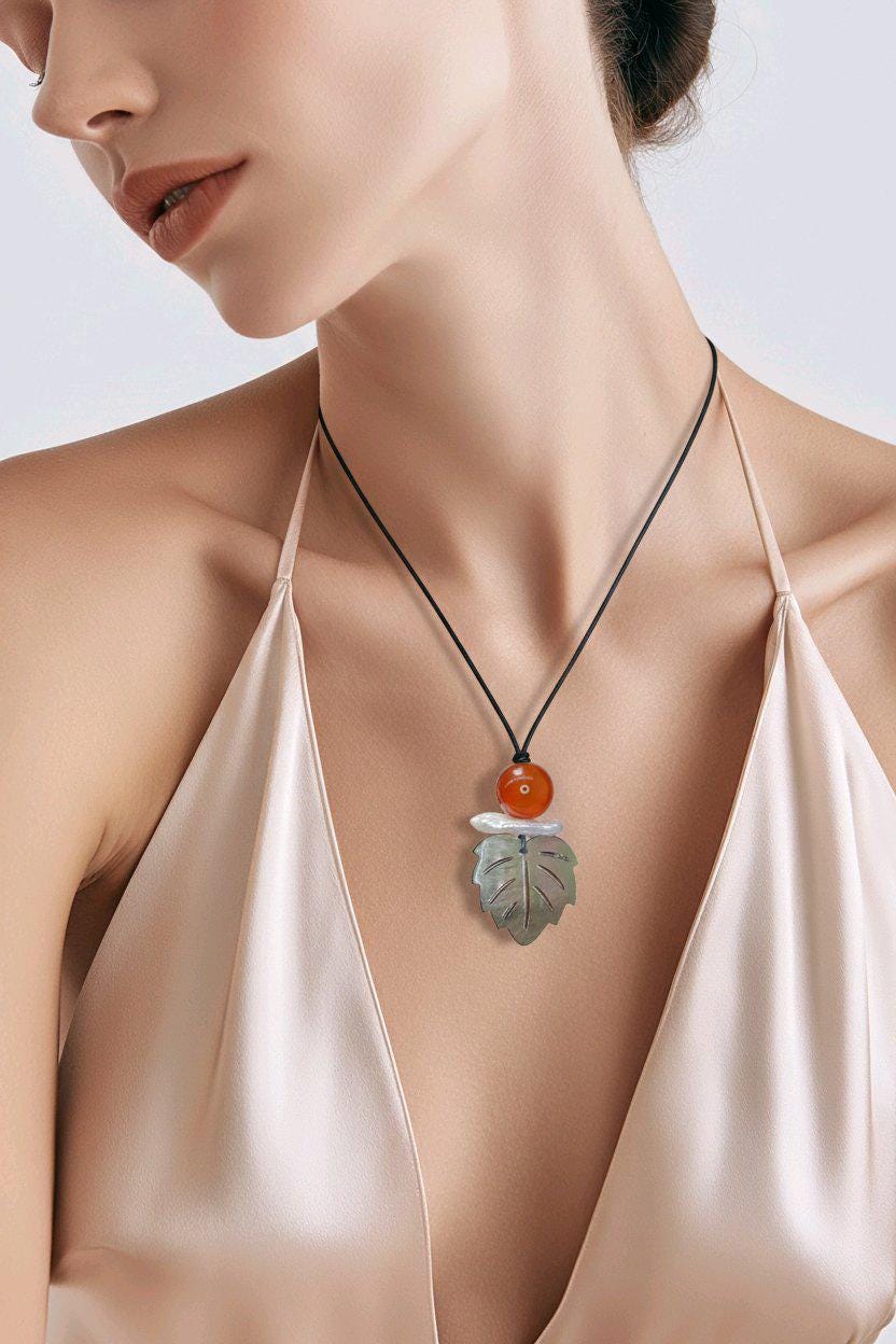 Red Carnelian Pearl Shell Leaf Necklace, Chunky Geometric Statement Jewelry, July Birthstone Gift for Her, Adjustable Leather Cord