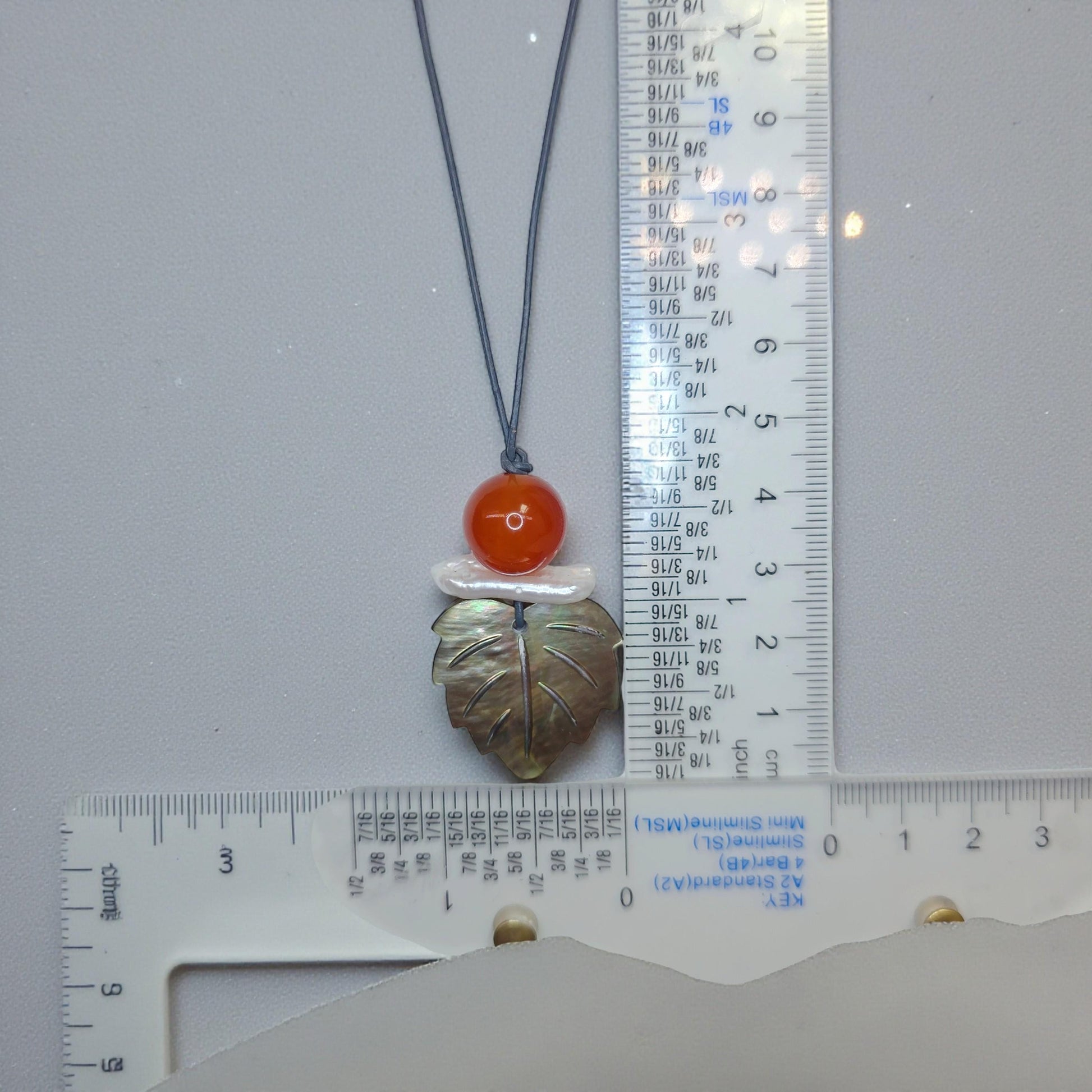 Red Carnelian Pearl Shell Leaf Necklace, Chunky Geometric Statement Jewelry, July Birthstone Gift for Her, Adjustable Leather Cord