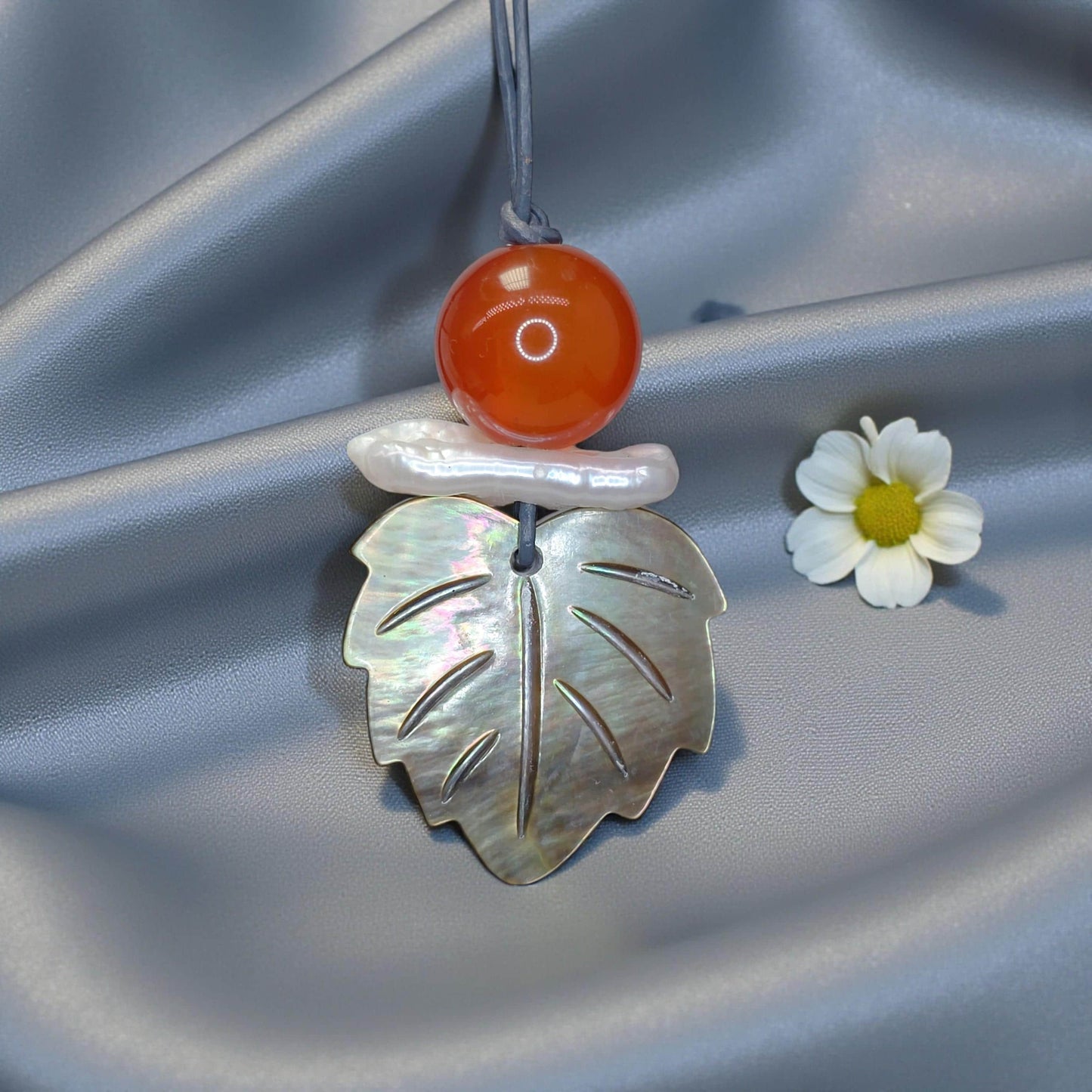 Red Carnelian Pearl Shell Leaf Necklace, Chunky Geometric Statement Jewelry, July Birthstone Gift for Her, Adjustable Leather Cord