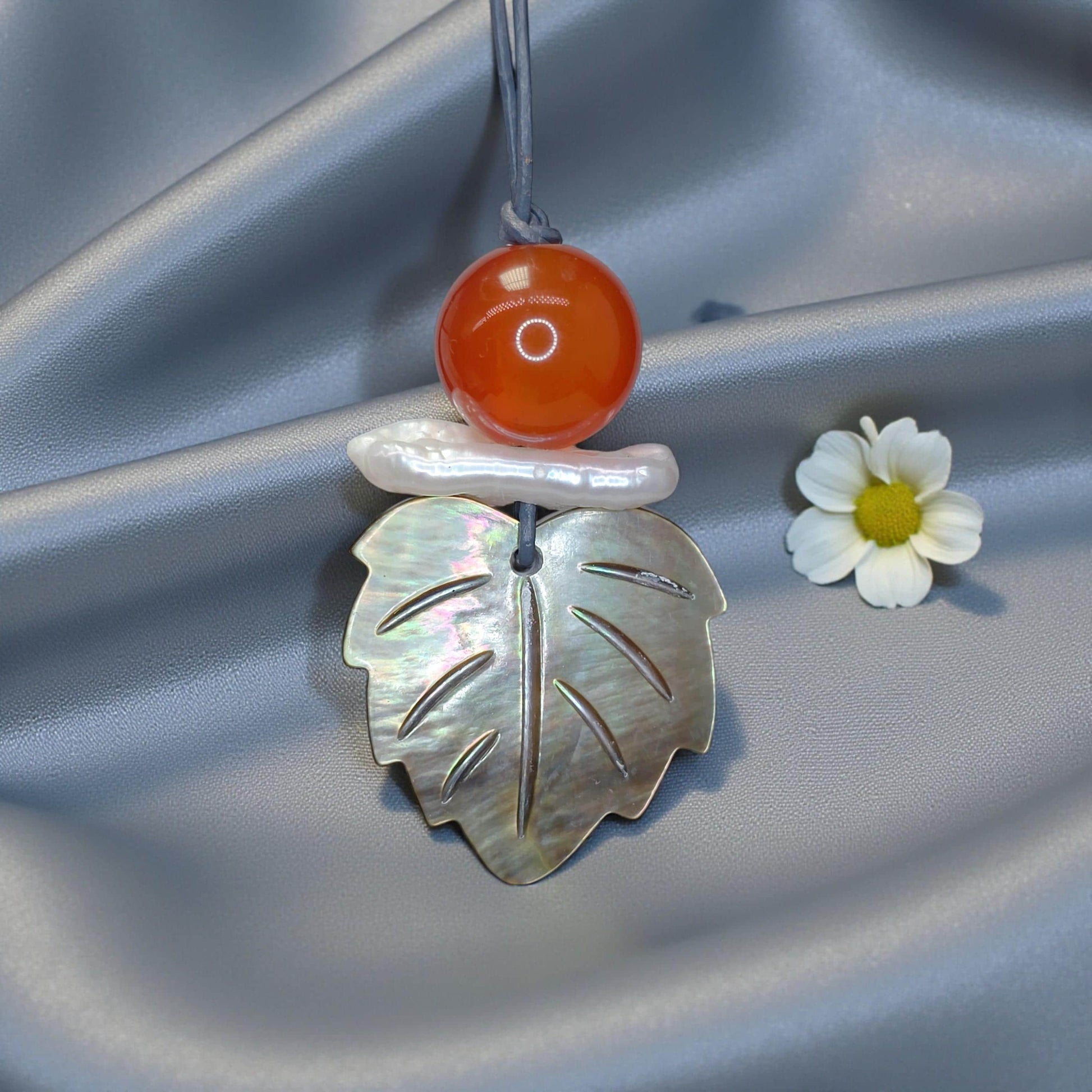 Red Carnelian Pearl Shell Leaf Necklace, Chunky Geometric Statement Jewelry, July Birthstone Gift for Her, Adjustable Leather Cord