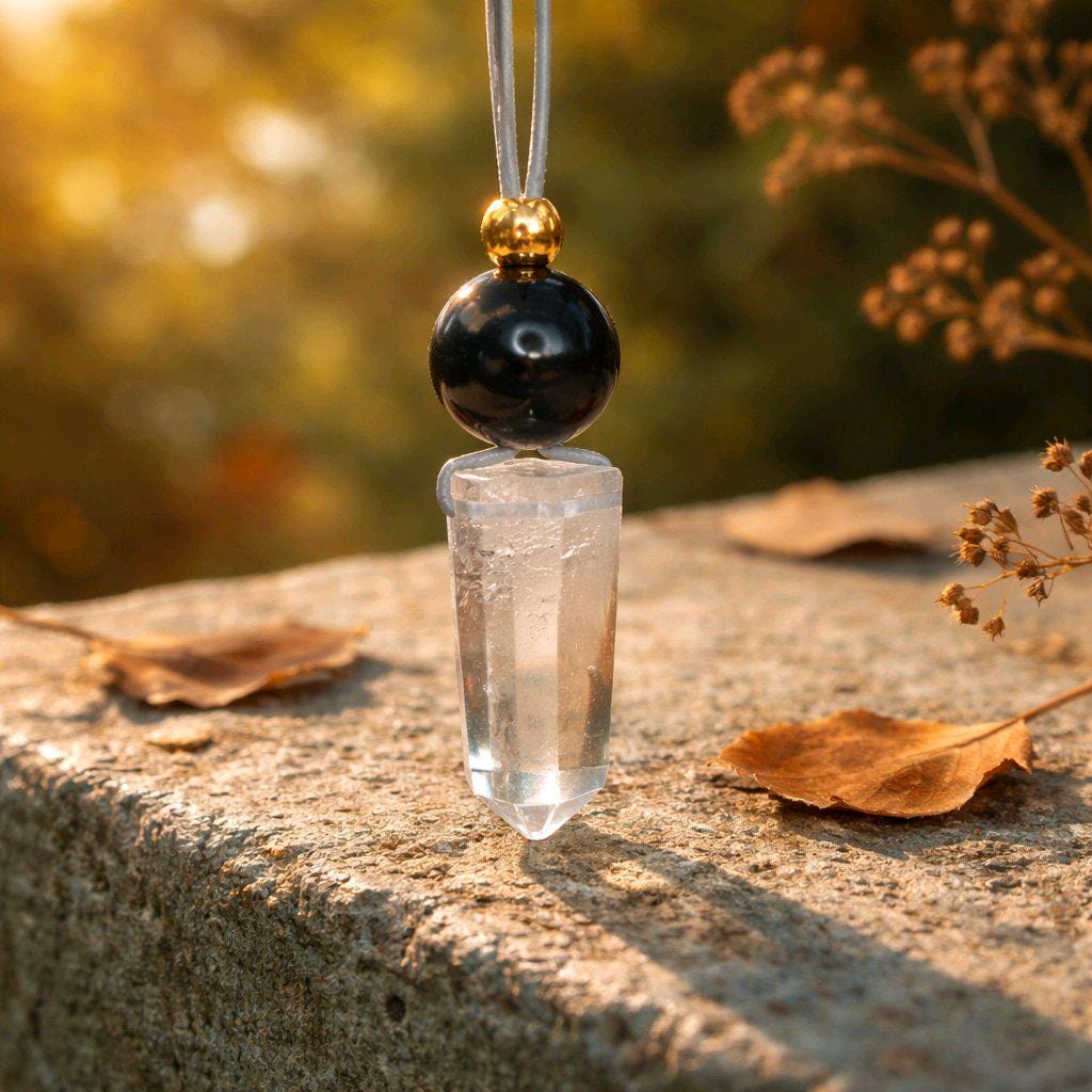 Clear Quartz Point Necklace, Chunky Geometric Black Onyx Jewelry, April Birthstone Gift for Him Her, Adjustable Leather Cord