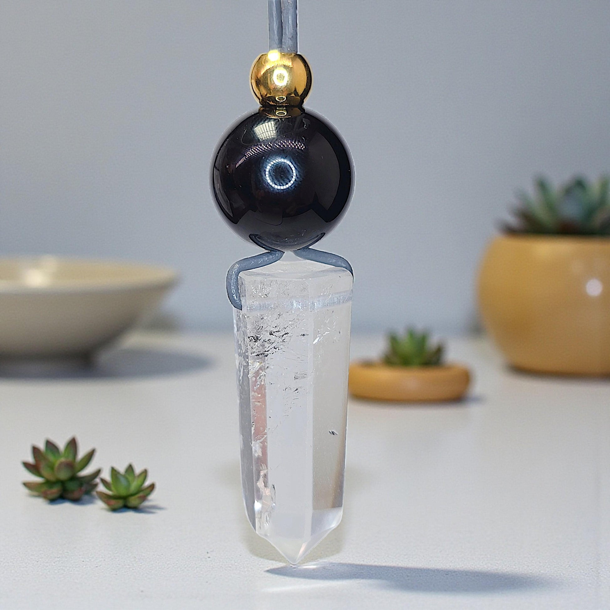 Clear Quartz Point Necklace, Chunky Geometric Black Onyx Jewelry, April Birthstone Gift for Him Her, Adjustable Leather Cord