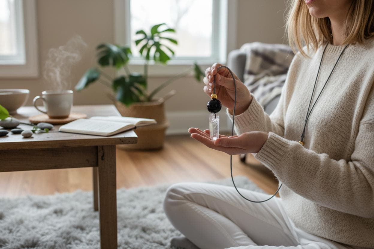 Clear Quartz Point Necklace, Chunky Geometric Black Onyx Jewelry, April Birthstone Gift for Him Her, Adjustable Leather Cord
