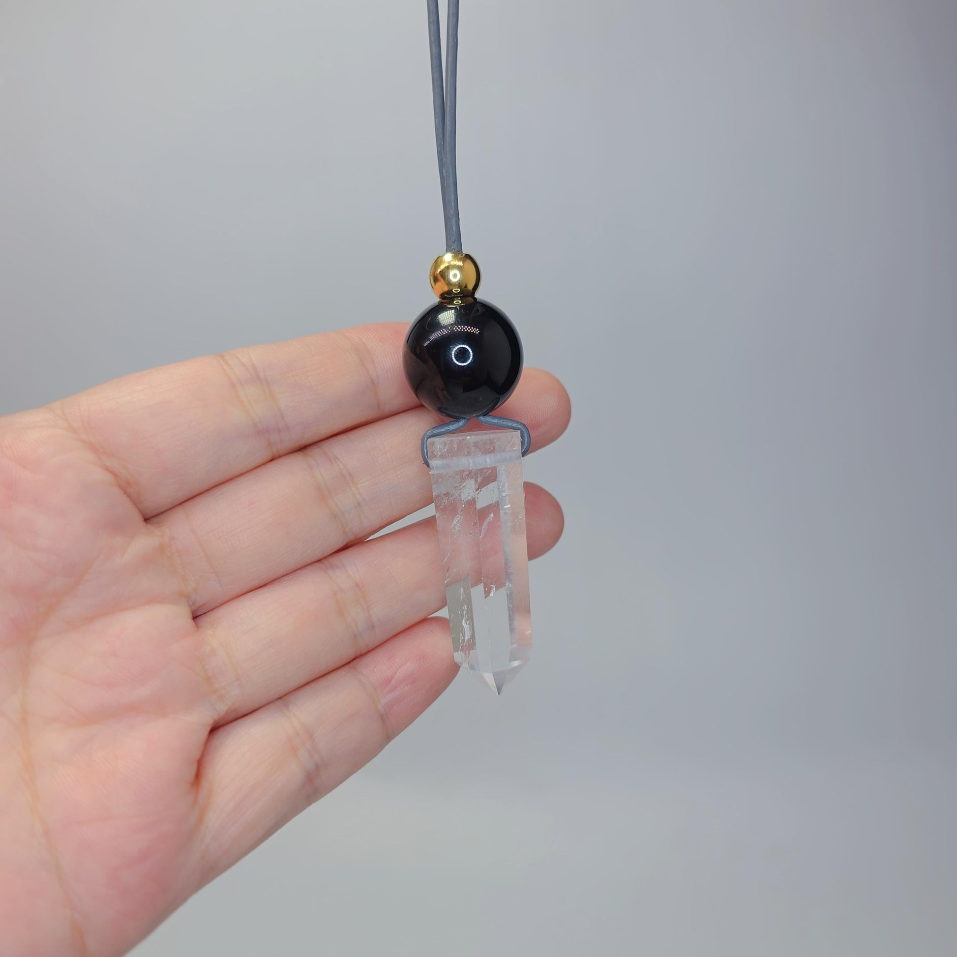 Clear Quartz Point Necklace, Chunky Geometric Black Onyx Jewelry, April Birthstone Gift for Him Her, Adjustable Leather Cord